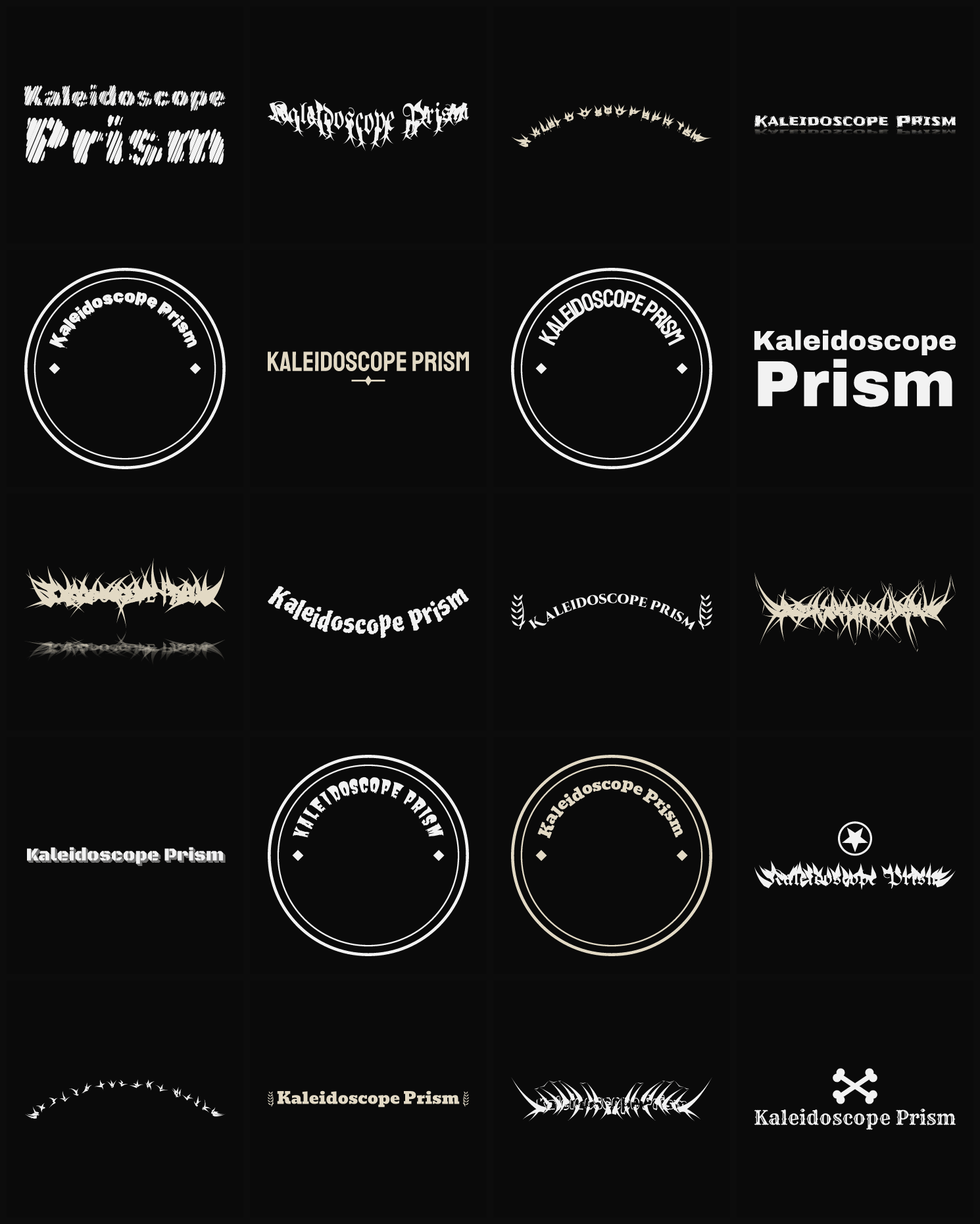 Twenty Kaleidoscope Prism band logo ideas — different faces, treatments and spike settings