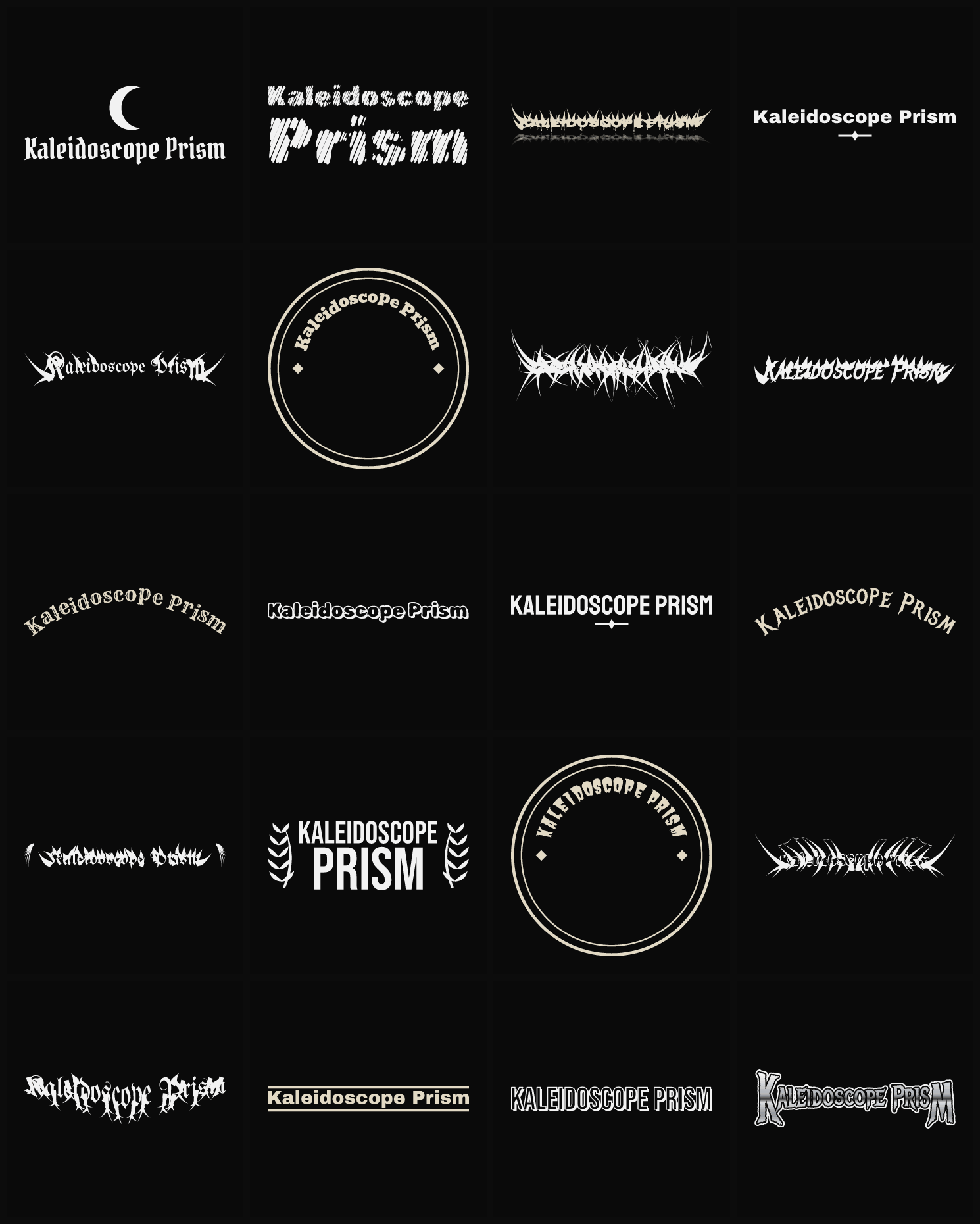 Twenty Kaleidoscope Prism band logo ideas — different faces, treatments and spike settings