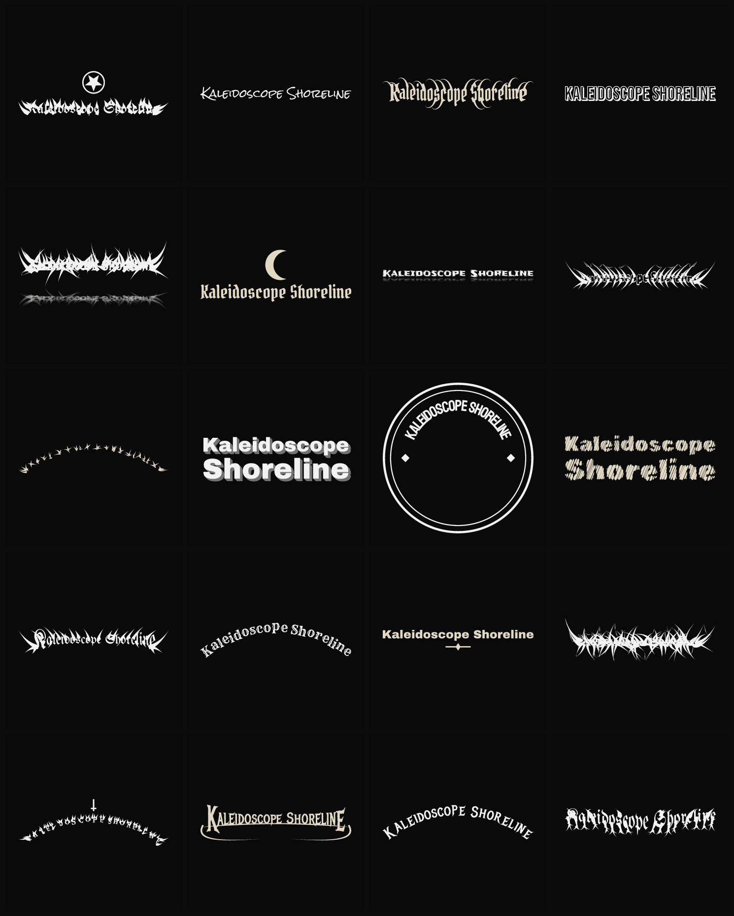Twenty Kaleidoscope Shoreline band logo ideas — different faces, treatments and spike settings