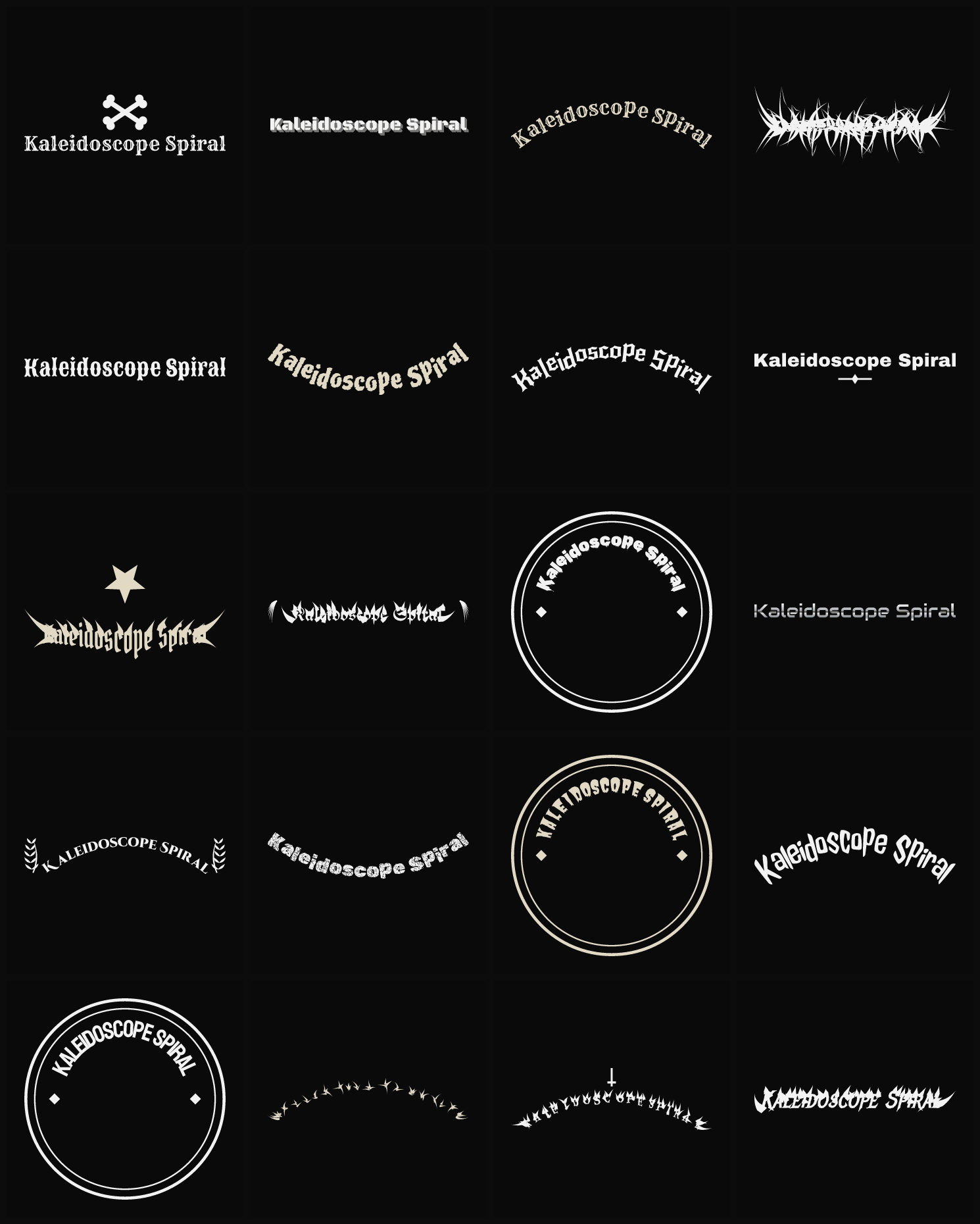 Twenty Kaleidoscope Spiral band logo ideas — different faces, treatments and spike settings