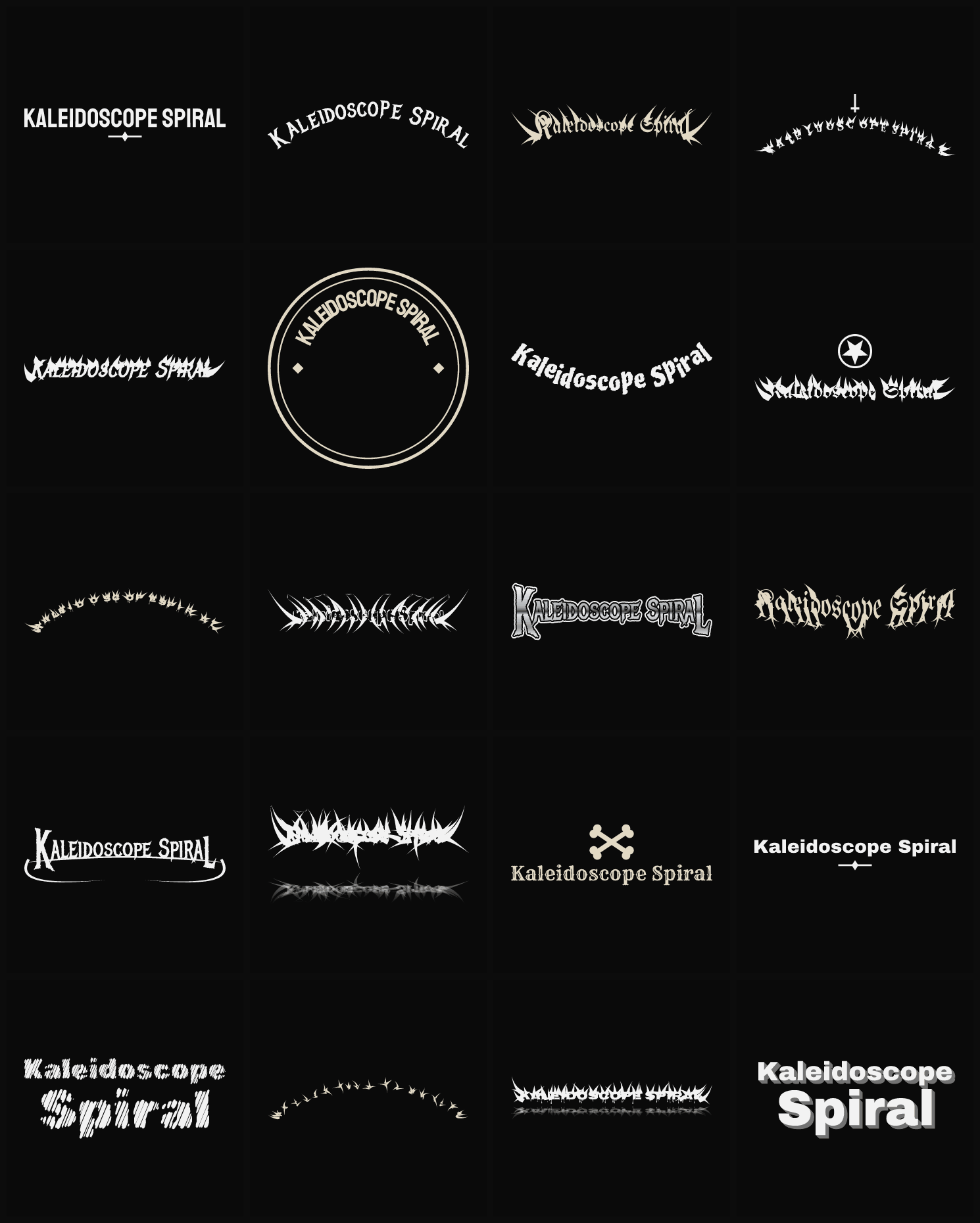 Twenty Kaleidoscope Spiral band logo ideas — different faces, treatments and spike settings