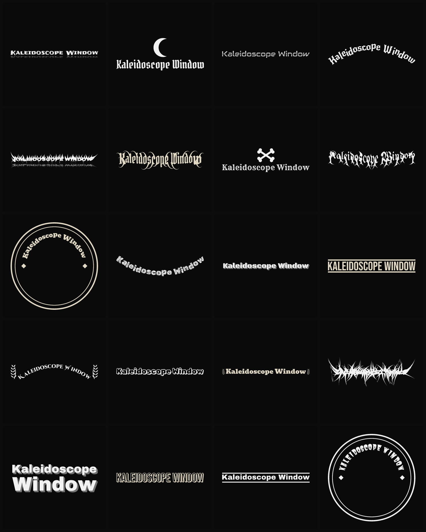 Twenty Kaleidoscope Window band logo ideas — different faces, treatments and spike settings
