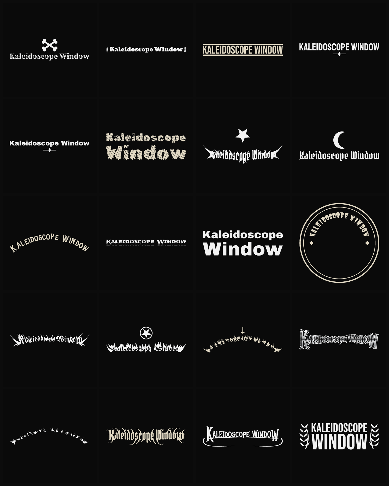 Twenty Kaleidoscope Window band logo ideas — different faces, treatments and spike settings