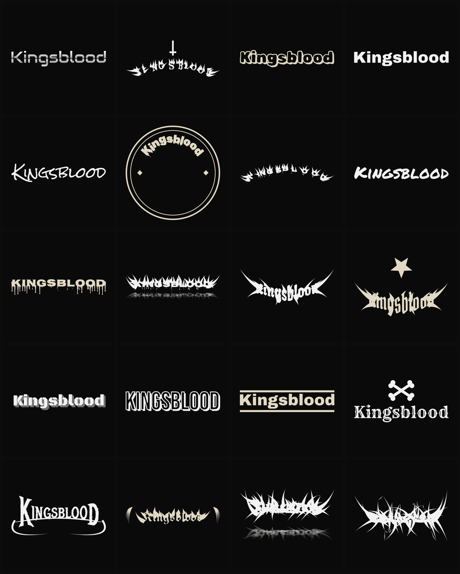 Twenty Kingsblood band logo ideas — different faces, treatments and spike settings