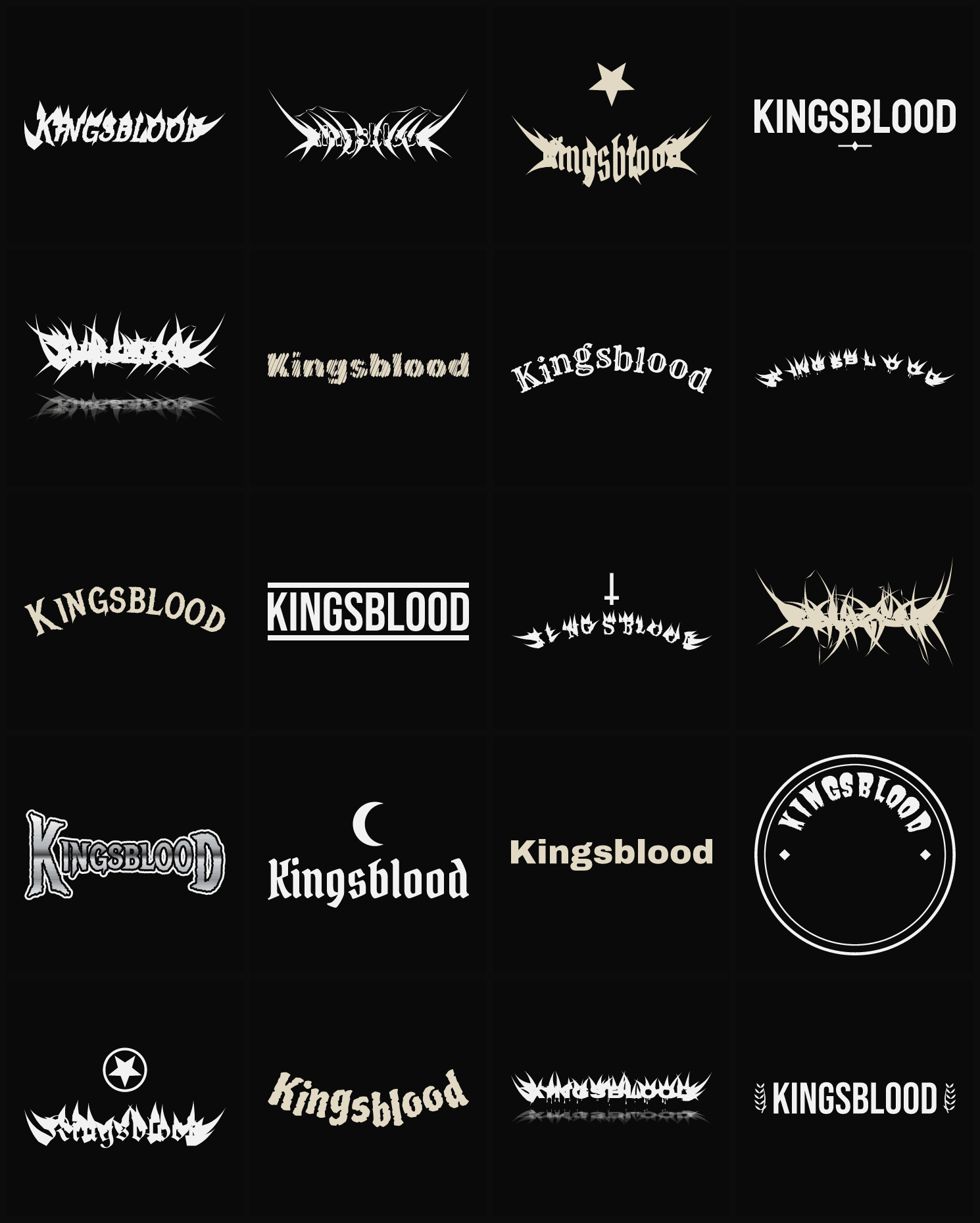 Twenty Kingsblood band logo ideas — different faces, treatments and spike settings