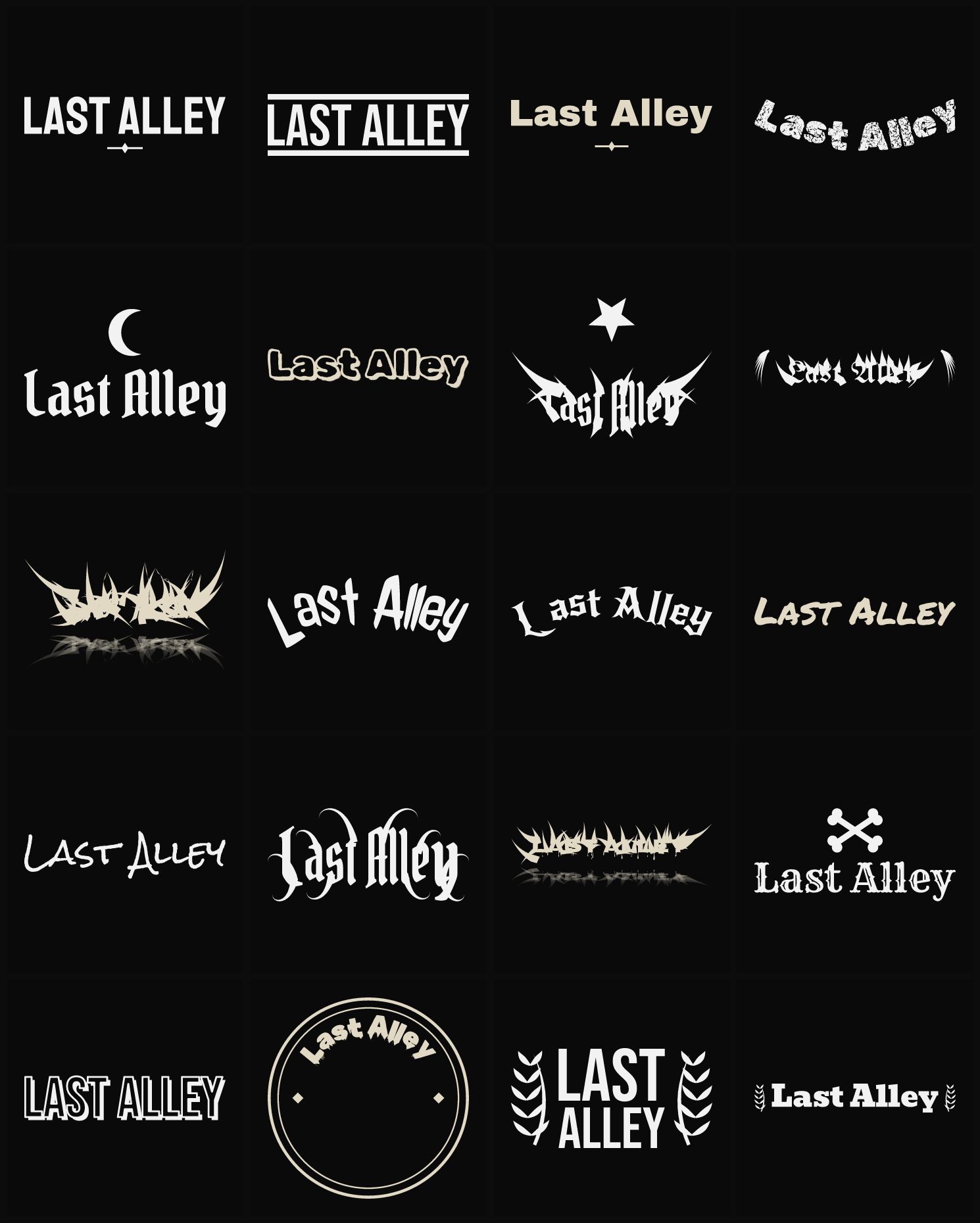 Twenty Last Alley band logo ideas — different faces, treatments and spike settings