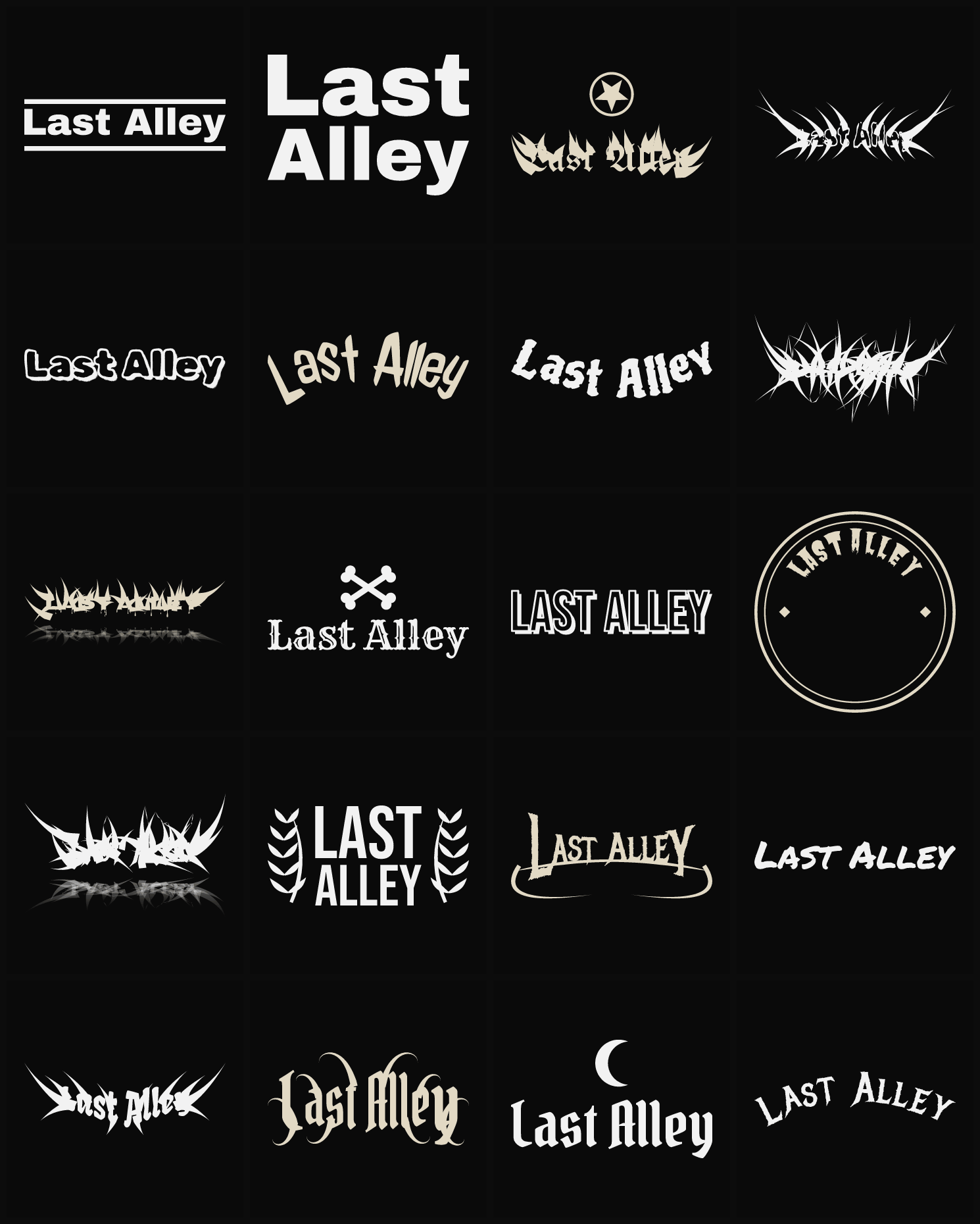 Twenty Last Alley band logo ideas — different faces, treatments and spike settings