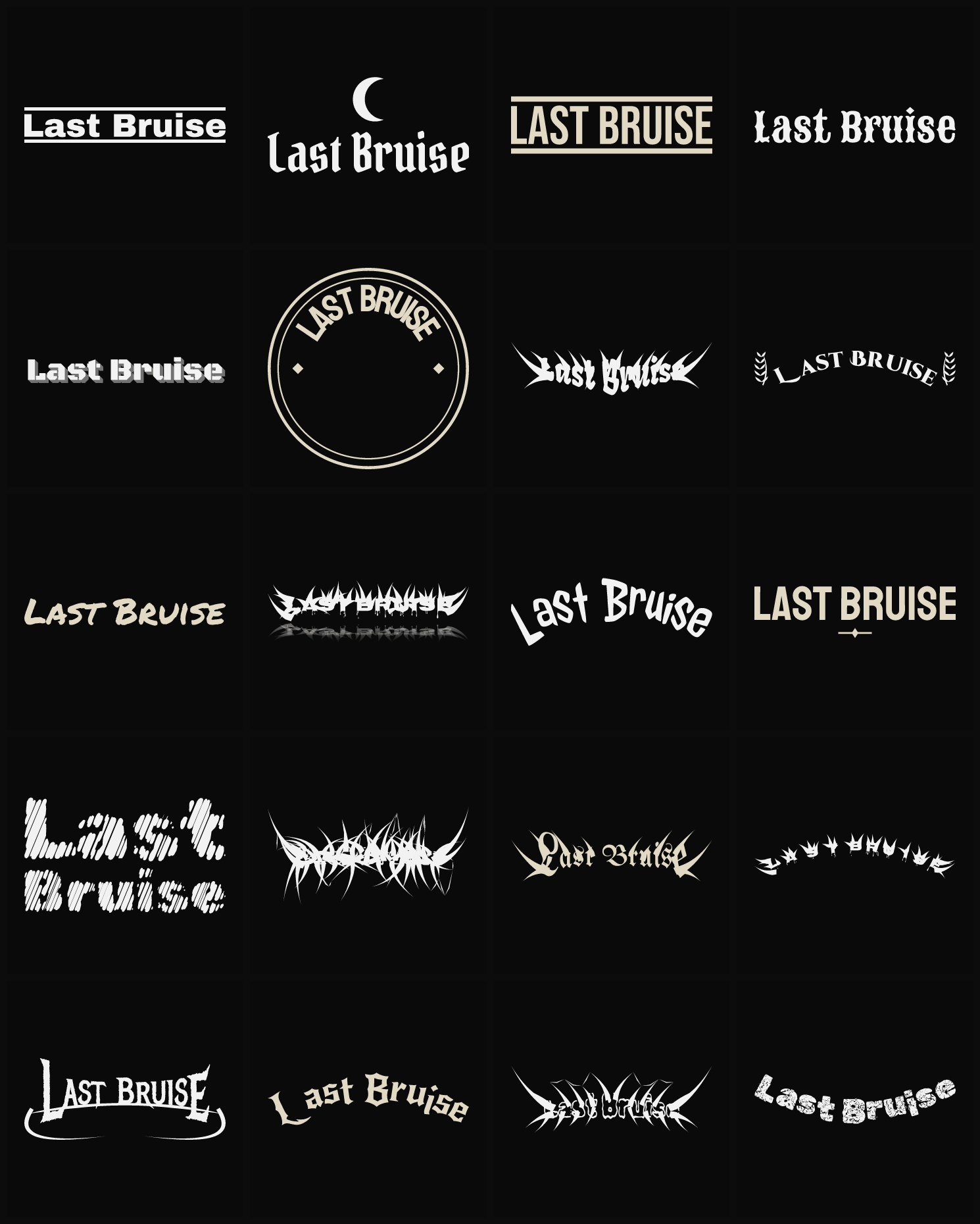 Twenty Last Bruise band logo ideas — different faces, treatments and spike settings
