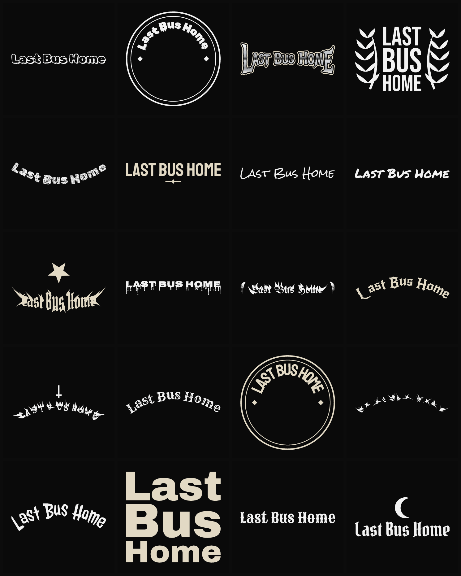 Twenty Last Bus Home band logo ideas — different faces, treatments and spike settings