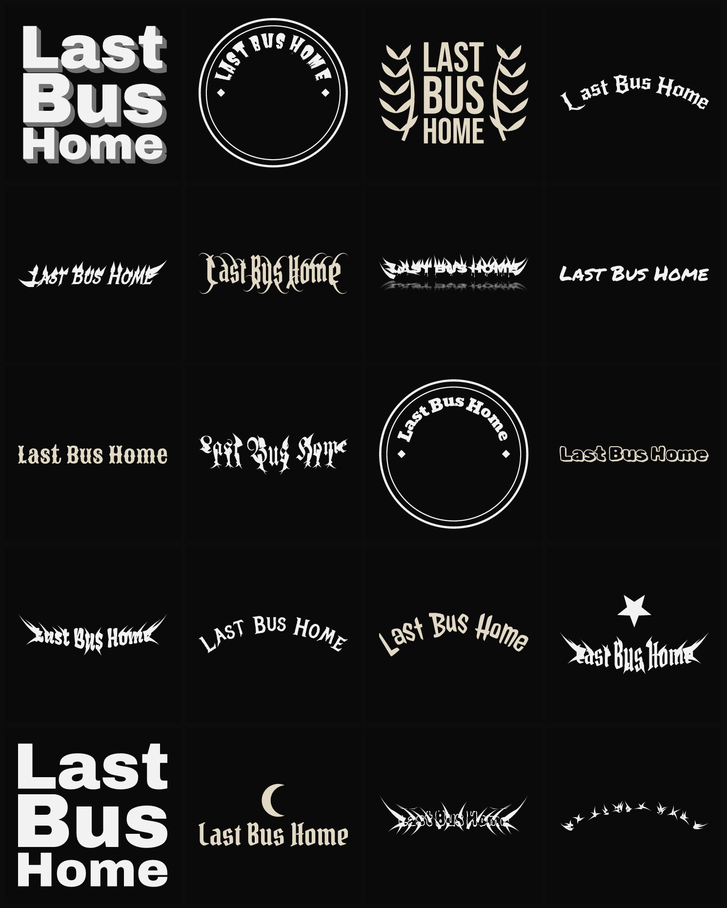 Twenty Last Bus Home band logo ideas — different faces, treatments and spike settings