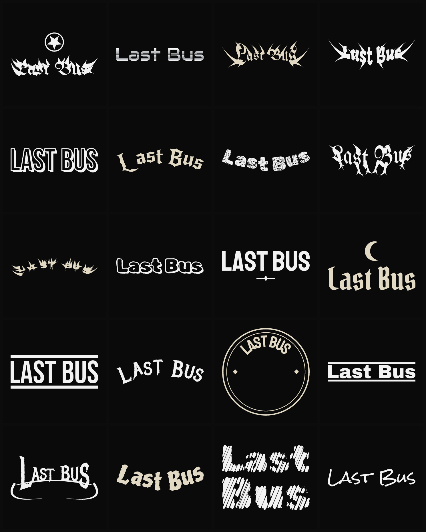 Twenty Last Bus band logo ideas — different faces, treatments and spike settings