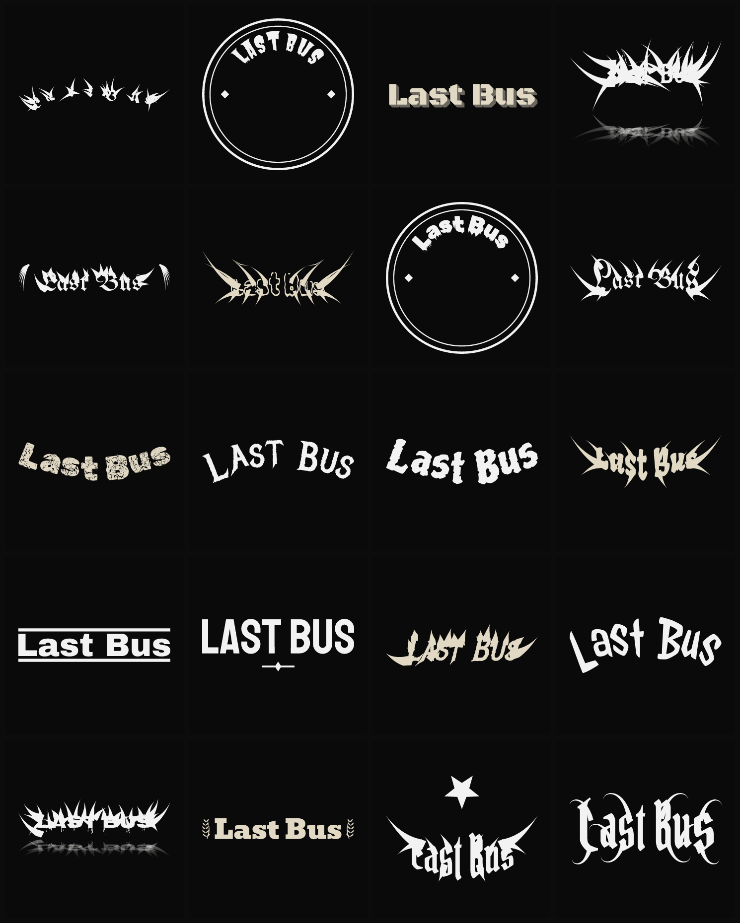 Twenty Last Bus band logo ideas — different faces, treatments and spike settings