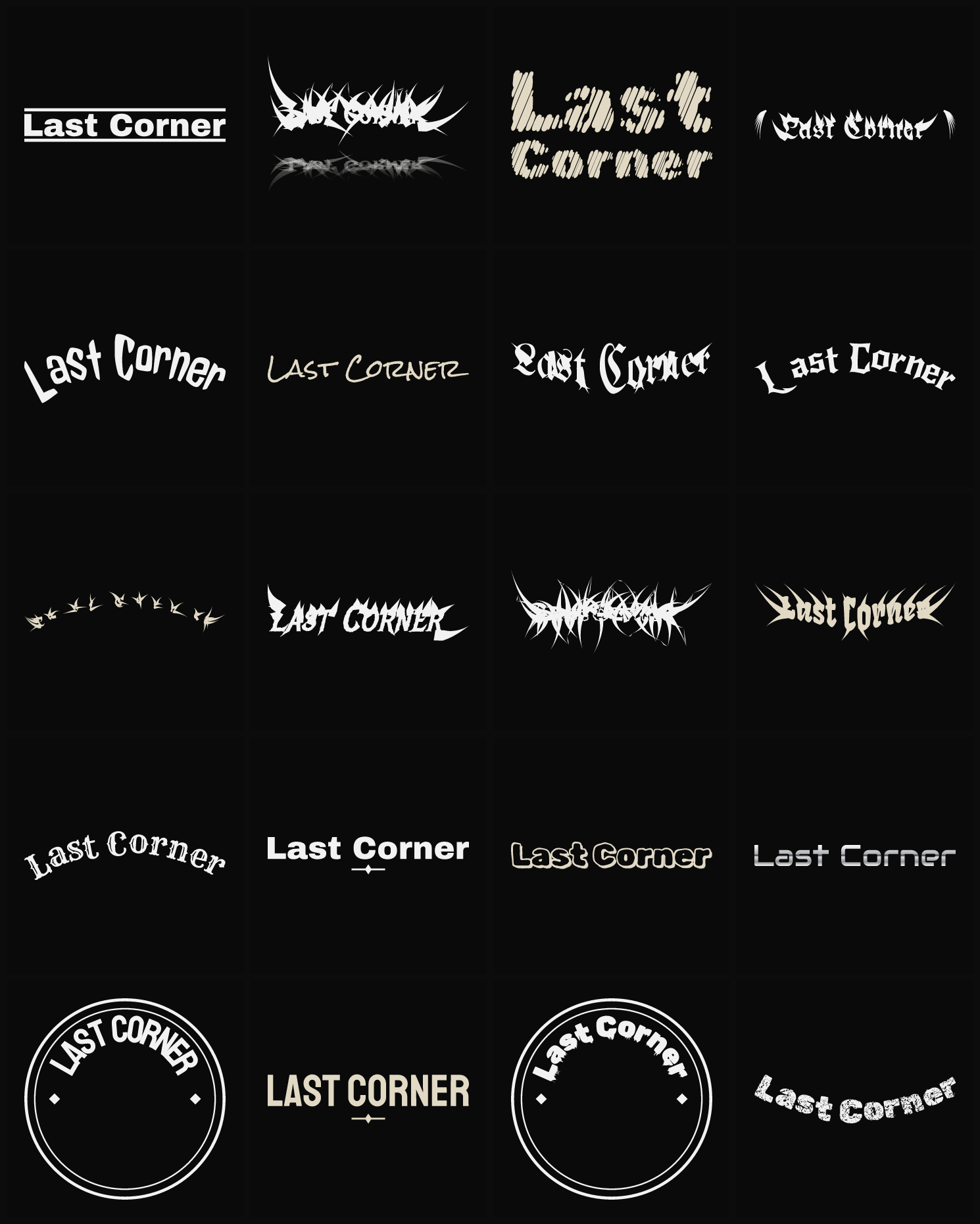 Twenty Last Corner band logo ideas — different faces, treatments and spike settings