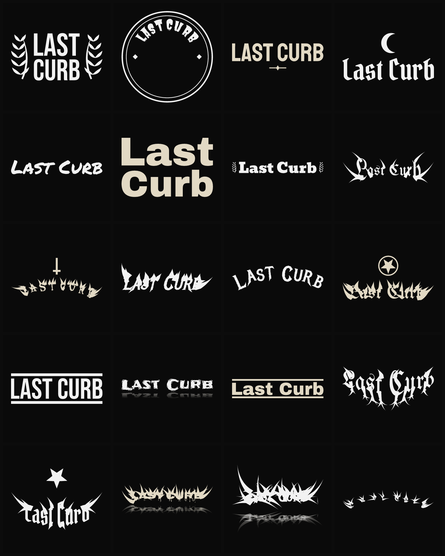 Twenty Last Curb band logo ideas — different faces, treatments and spike settings