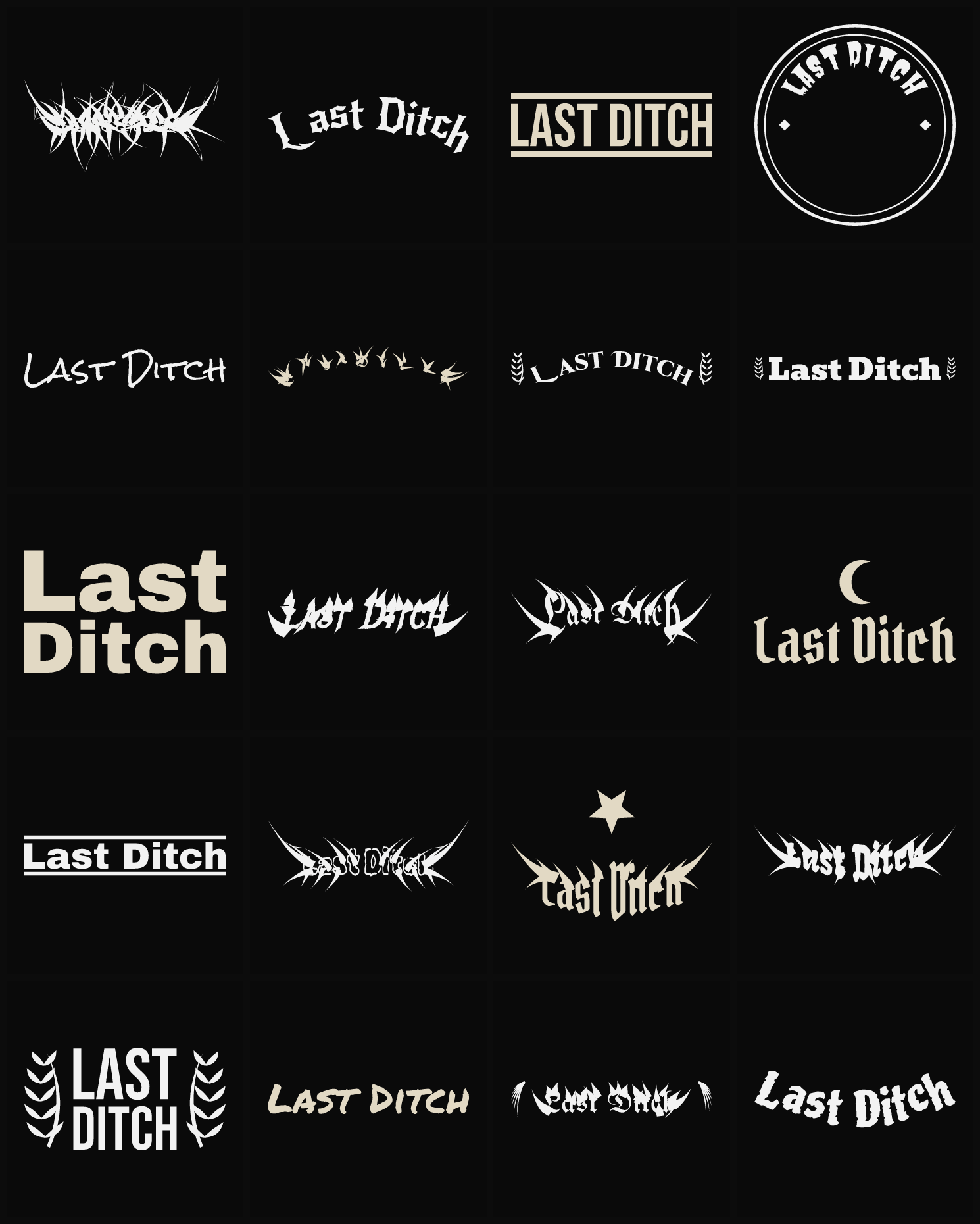 Twenty Last Ditch band logo ideas — different faces, treatments and spike settings