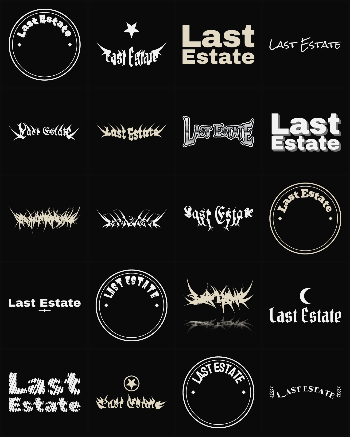 Twenty Last Estate band logo ideas — different faces, treatments and spike settings
