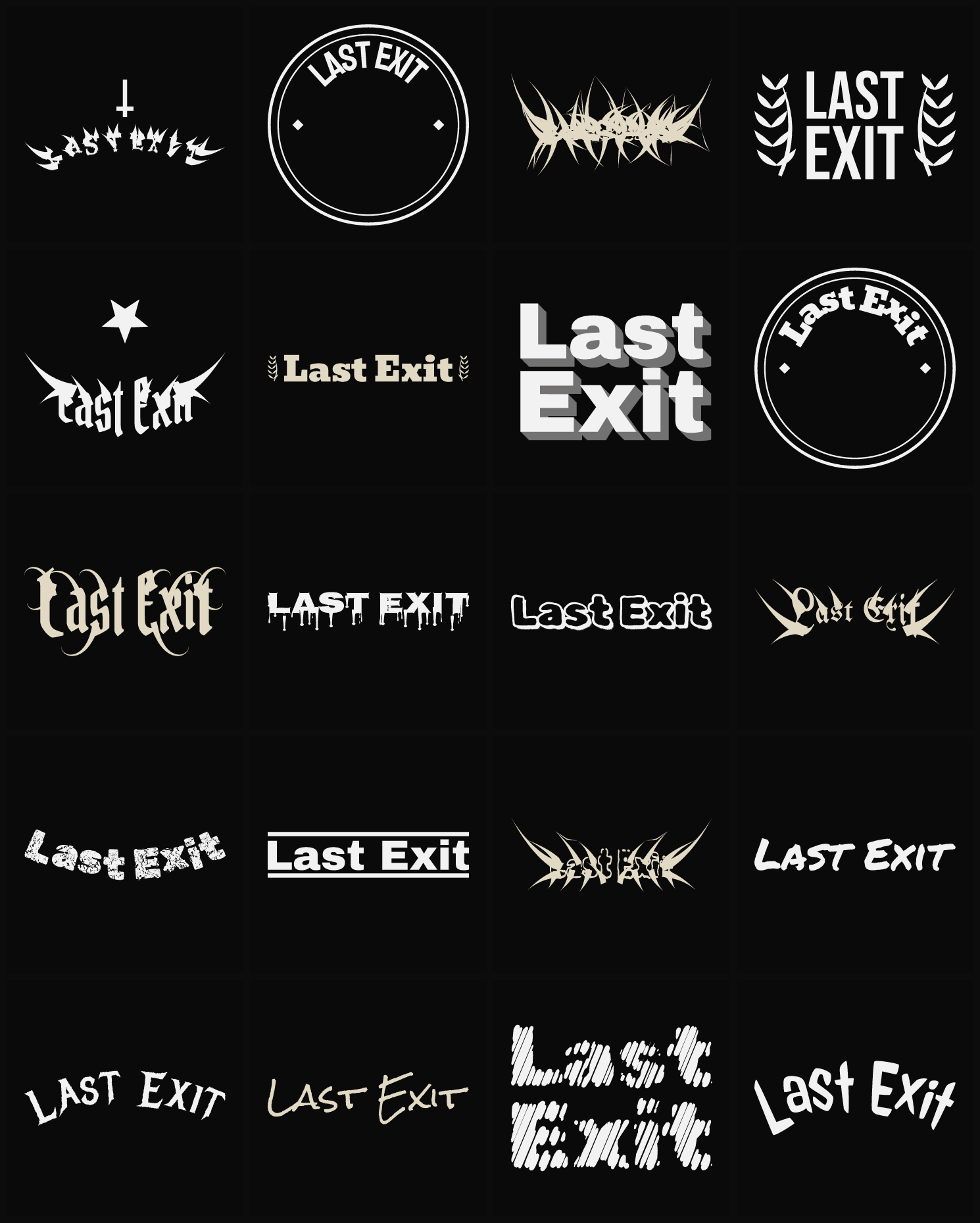 Twenty Last Exit band logo ideas — different faces, treatments and spike settings