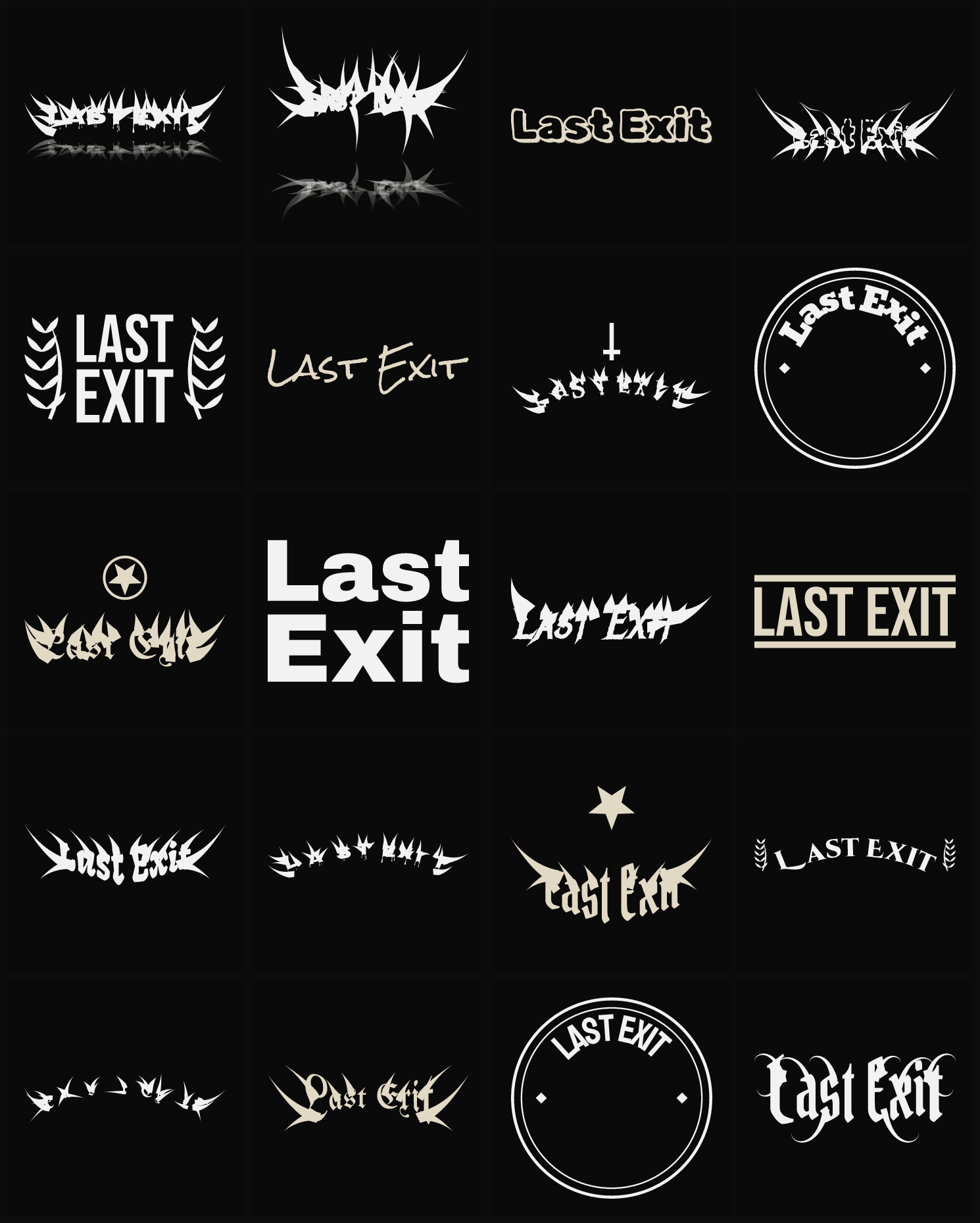 Twenty Last Exit band logo ideas — different faces, treatments and spike settings