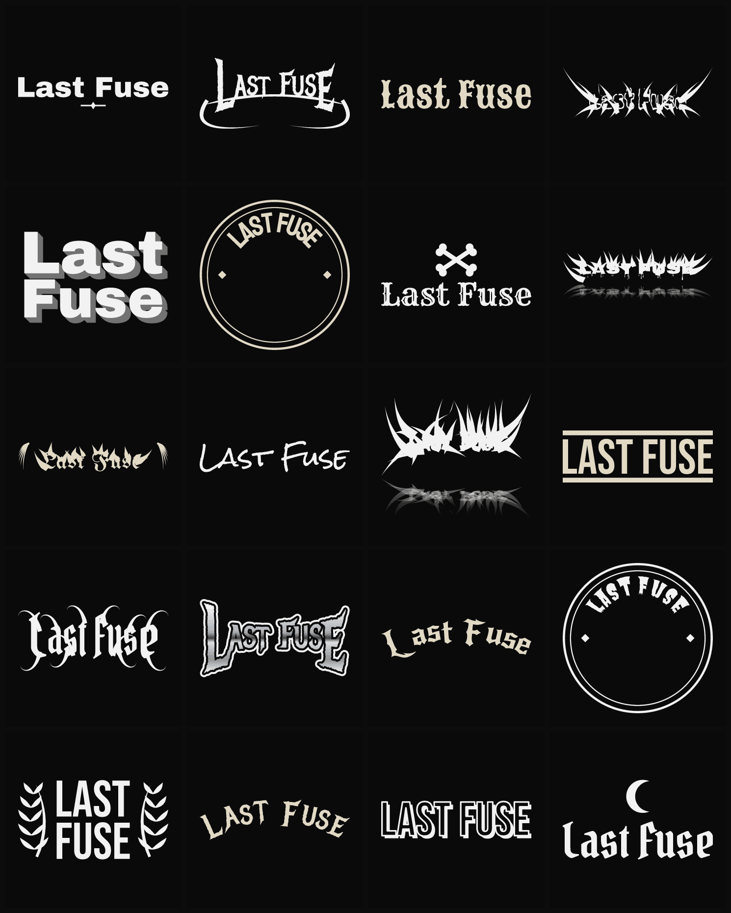 Twenty Last Fuse band logo ideas — different faces, treatments and spike settings