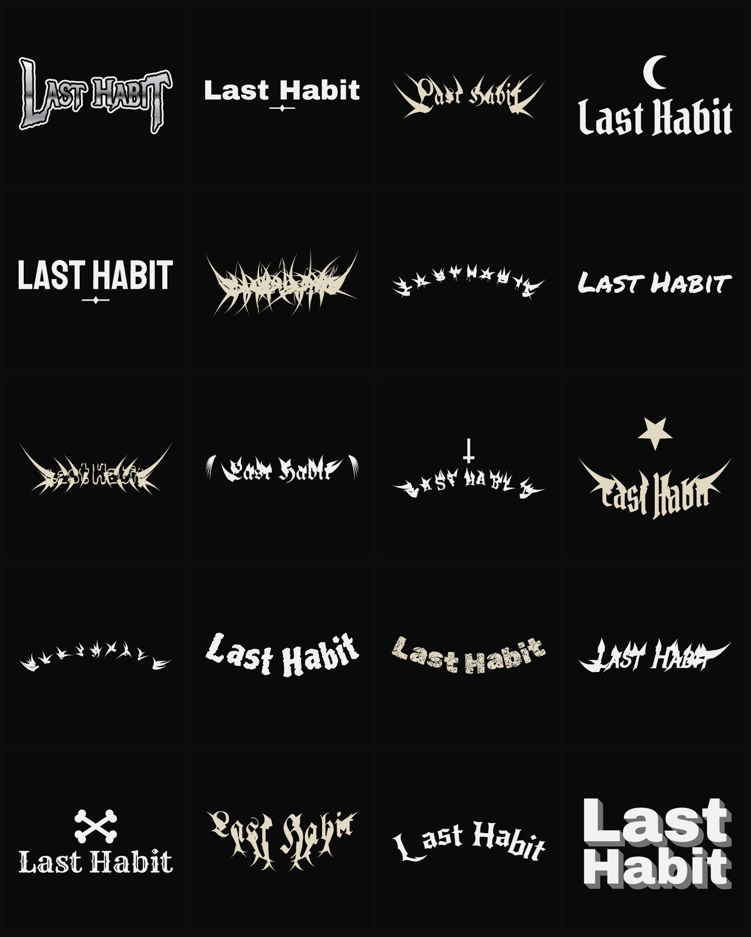 Twenty Last Habit band logo ideas — different faces, treatments and spike settings