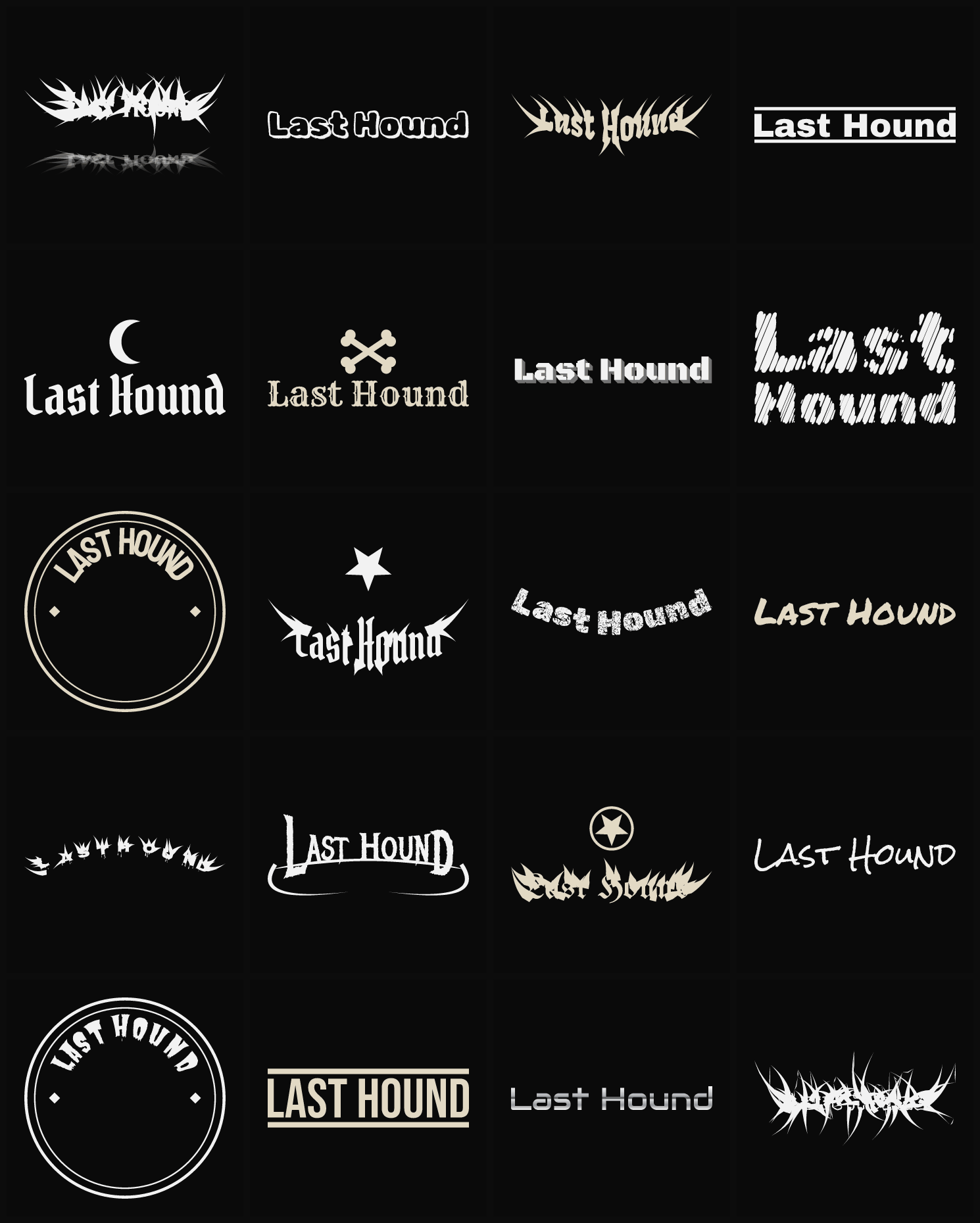 Twenty Last Hound band logo ideas — different faces, treatments and spike settings
