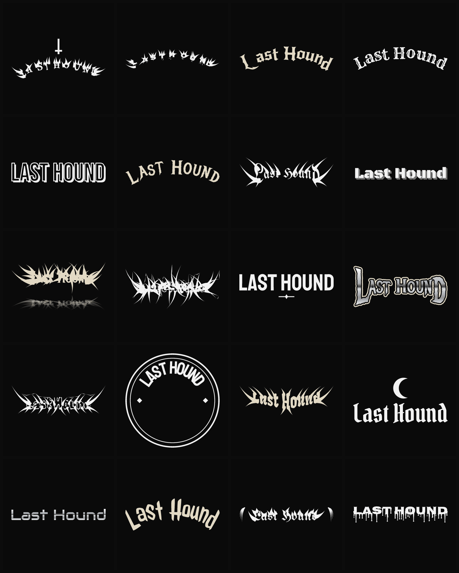 Twenty Last Hound band logo ideas — different faces, treatments and spike settings