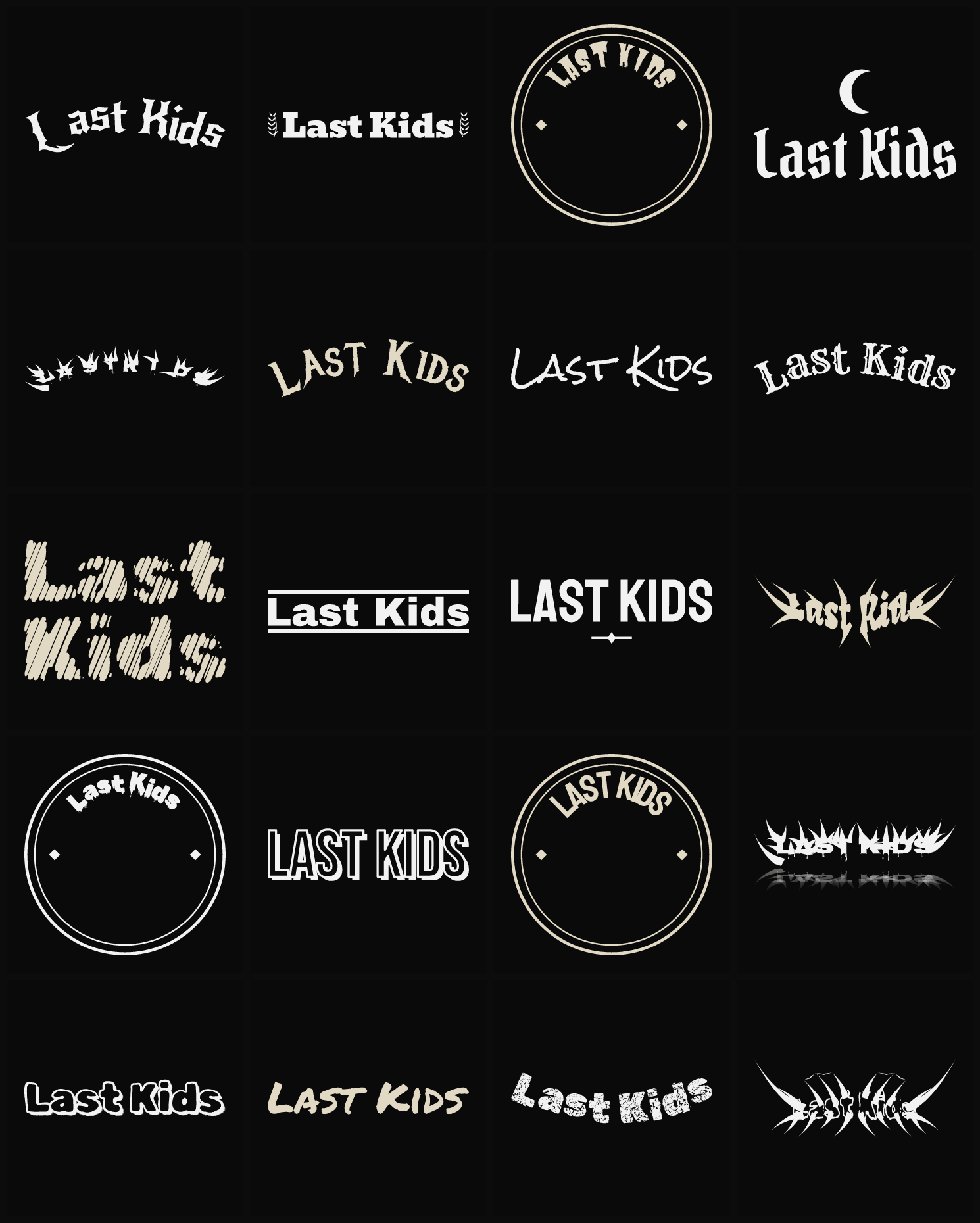 Twenty Last Kids band logo ideas — different faces, treatments and spike settings