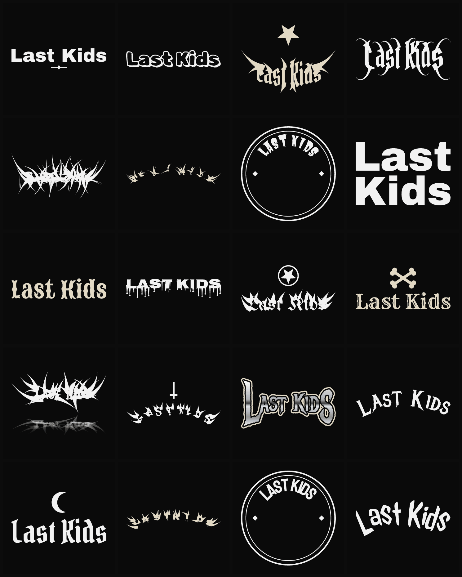 Twenty Last Kids band logo ideas — different faces, treatments and spike settings