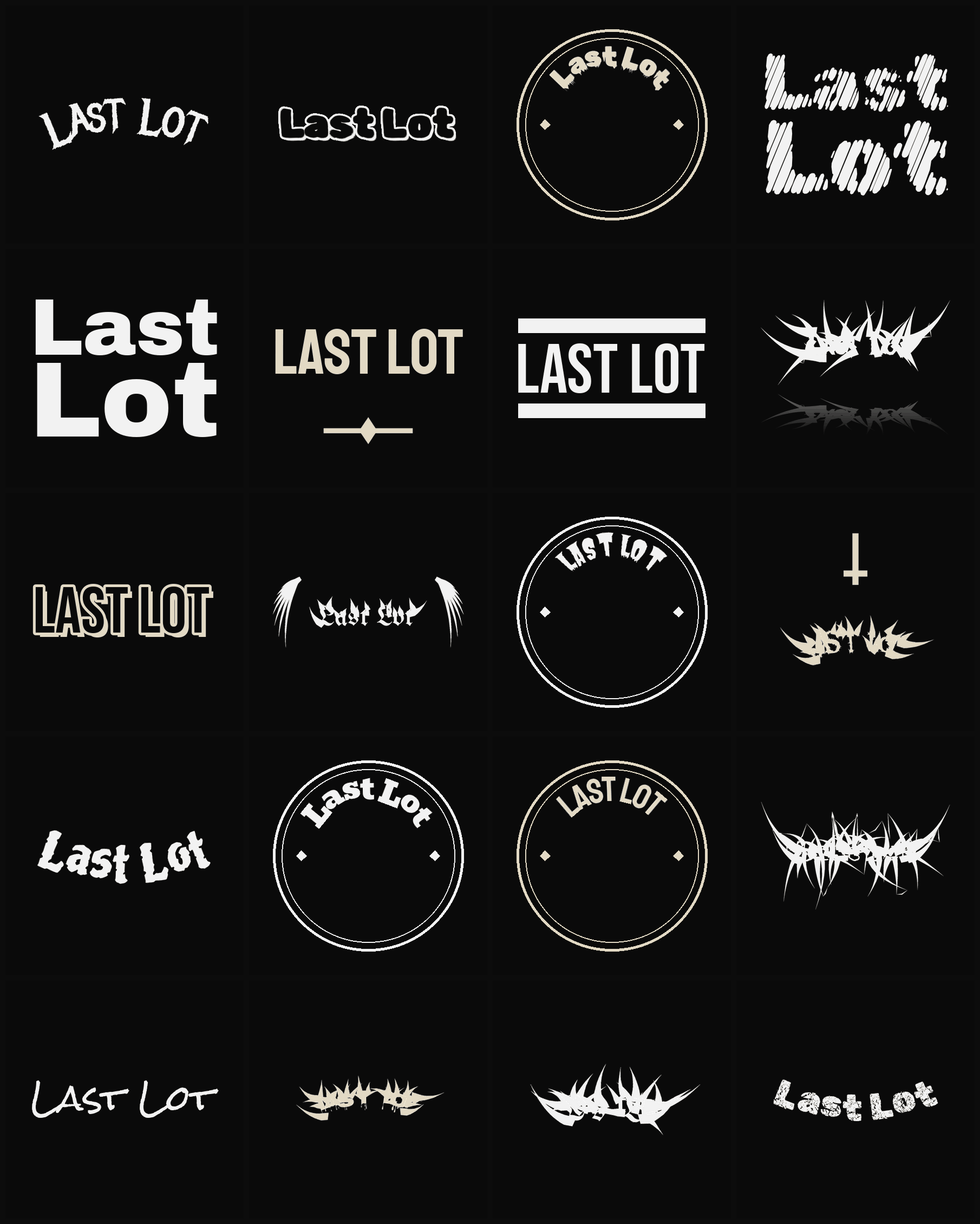 Twenty Last Lot band logo ideas — different faces, treatments and spike settings