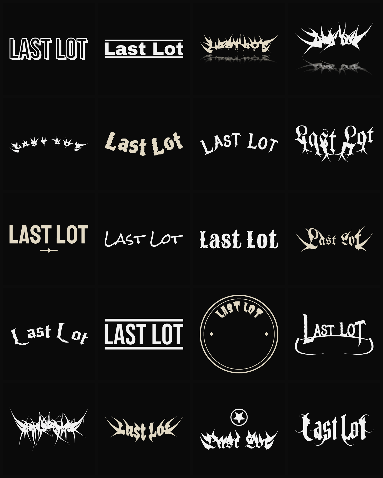 Twenty Last Lot band logo ideas — different faces, treatments and spike settings