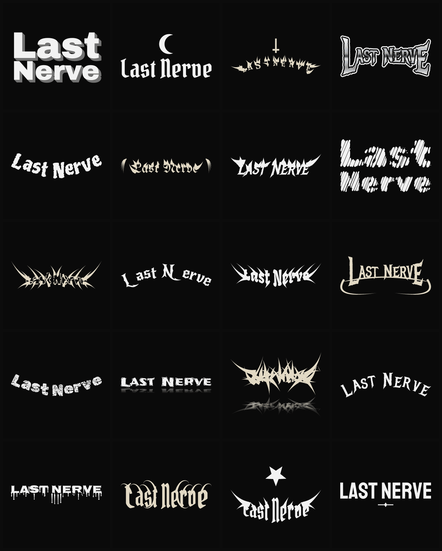 Twenty Last Nerve band logo ideas — different faces, treatments and spike settings