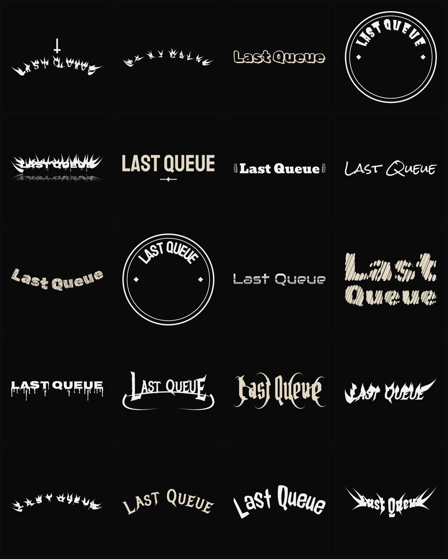 Twenty Last Queue band logo ideas — different faces, treatments and spike settings