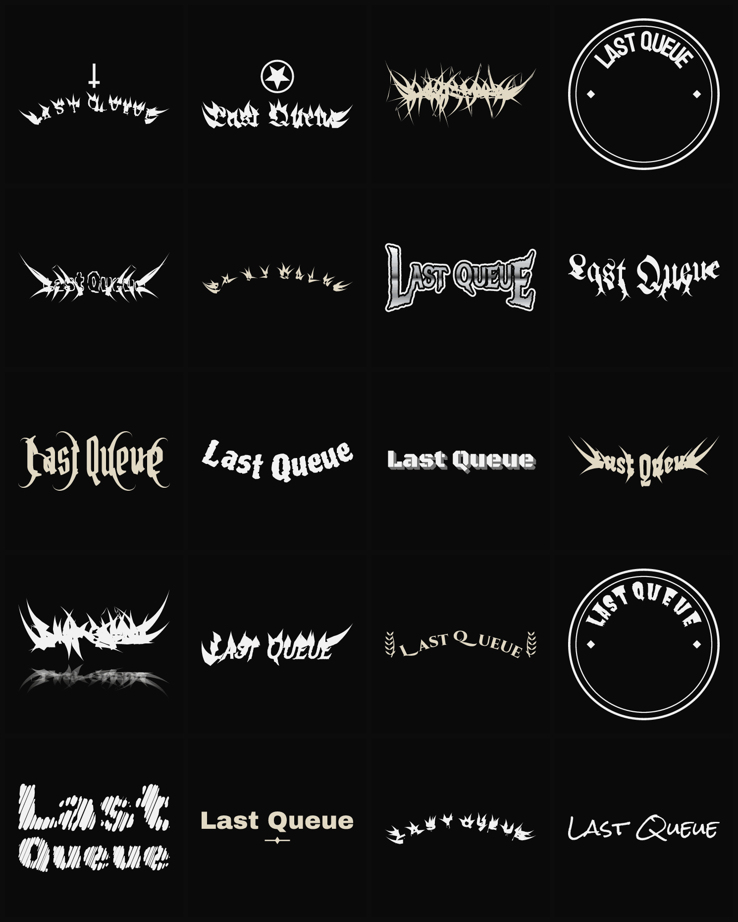 Twenty Last Queue band logo ideas — different faces, treatments and spike settings