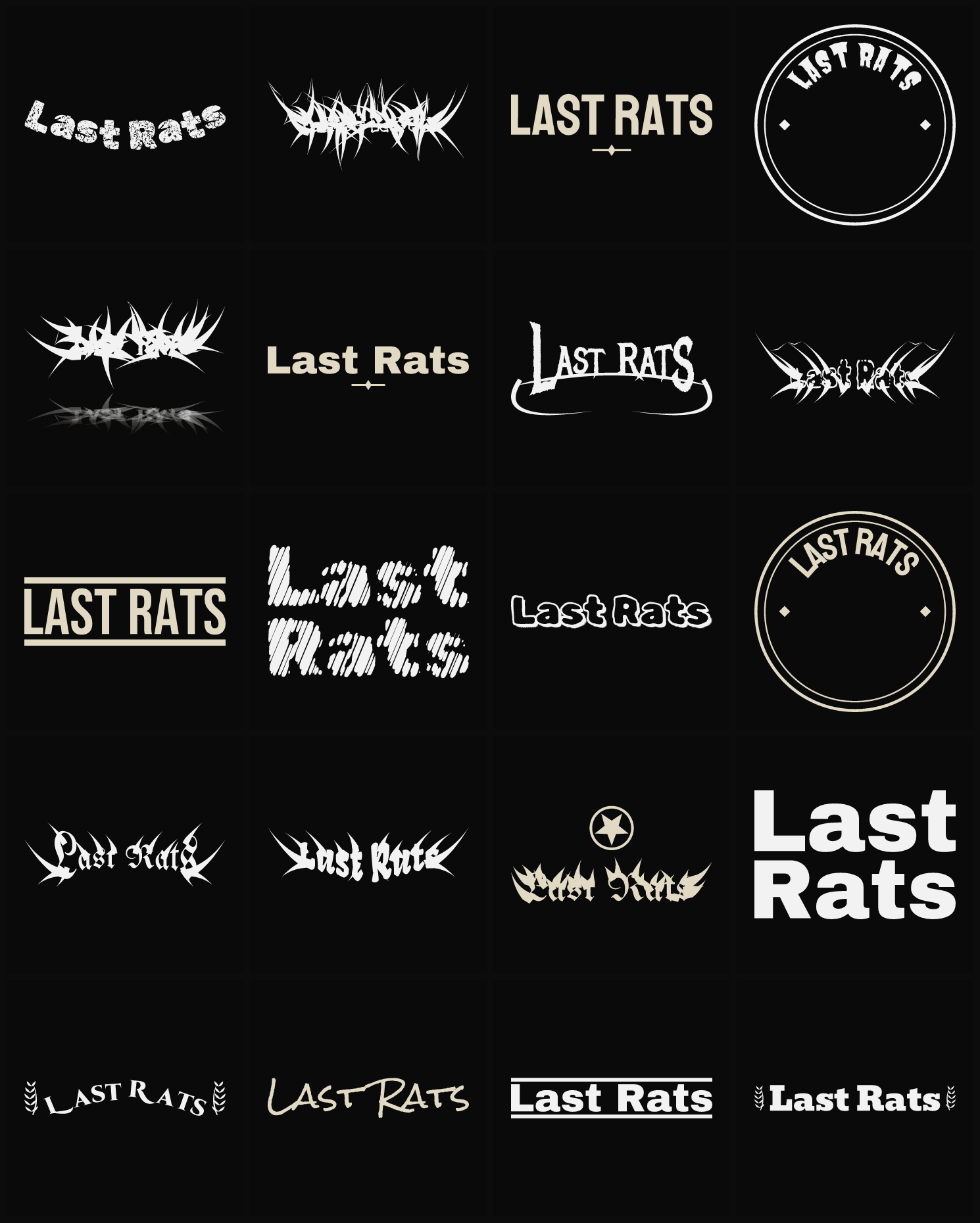 Twenty Last Rats band logo ideas — different faces, treatments and spike settings