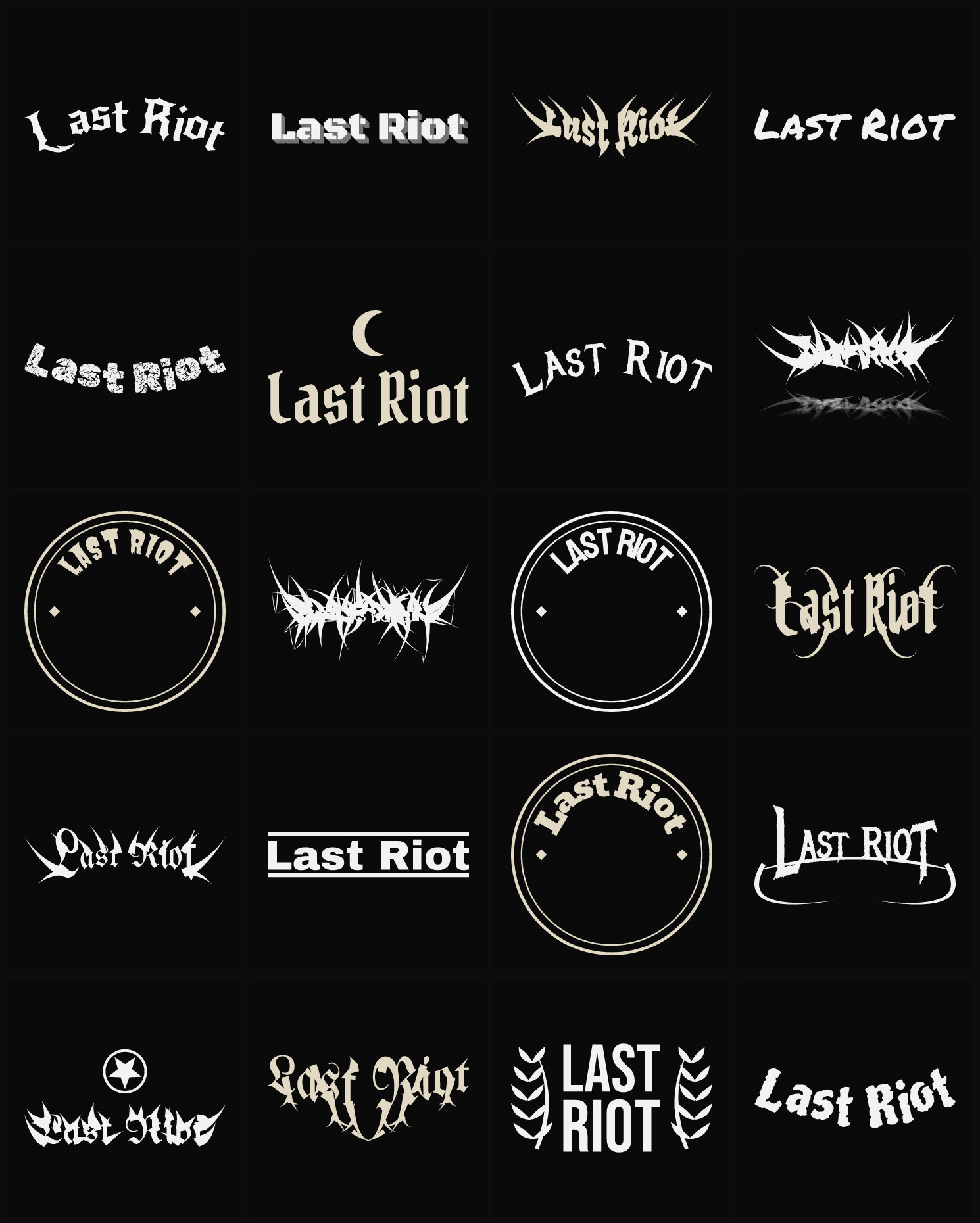 Twenty Last Riot band logo ideas — different faces, treatments and spike settings