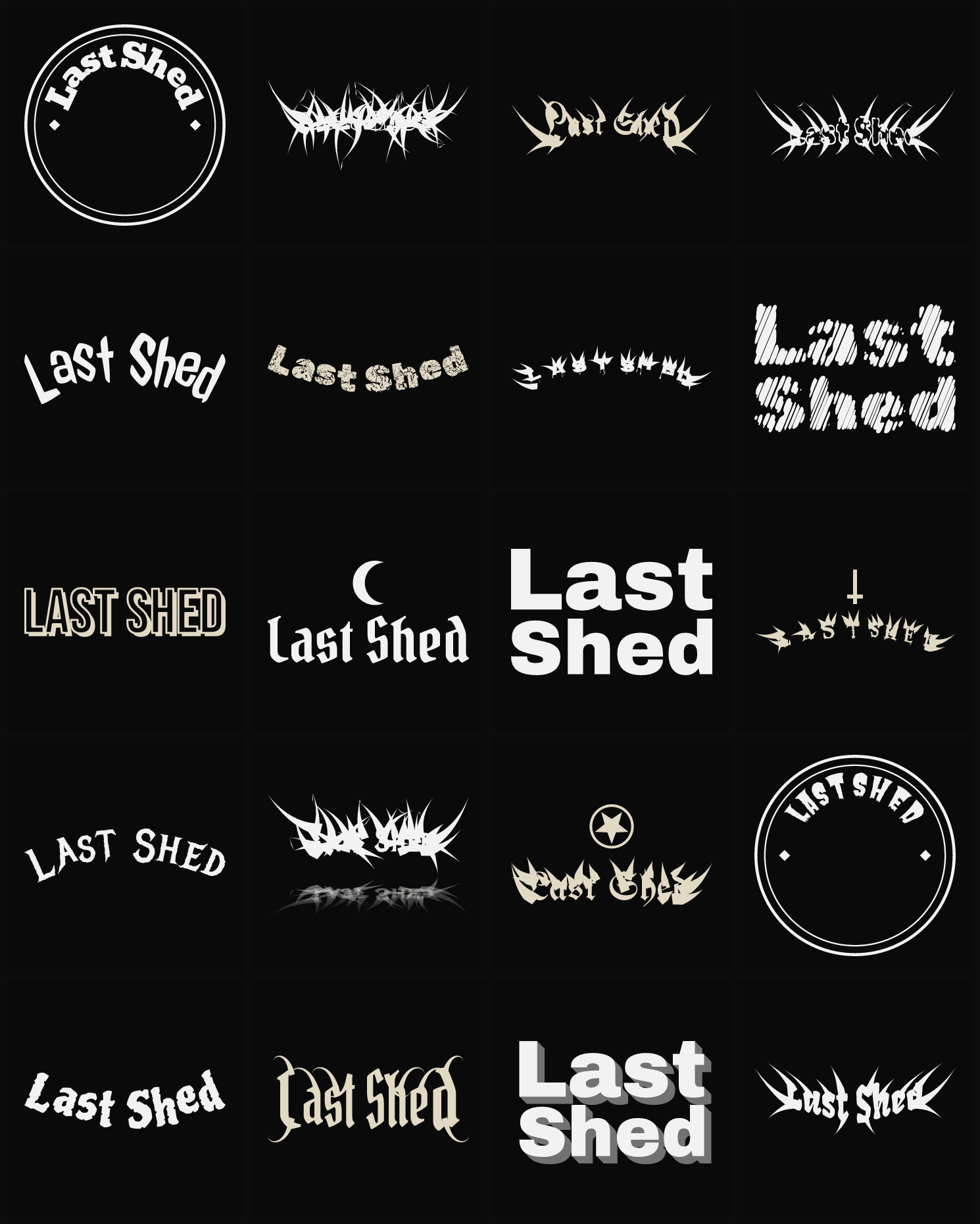 Twenty Last Shed band logo ideas — different faces, treatments and spike settings