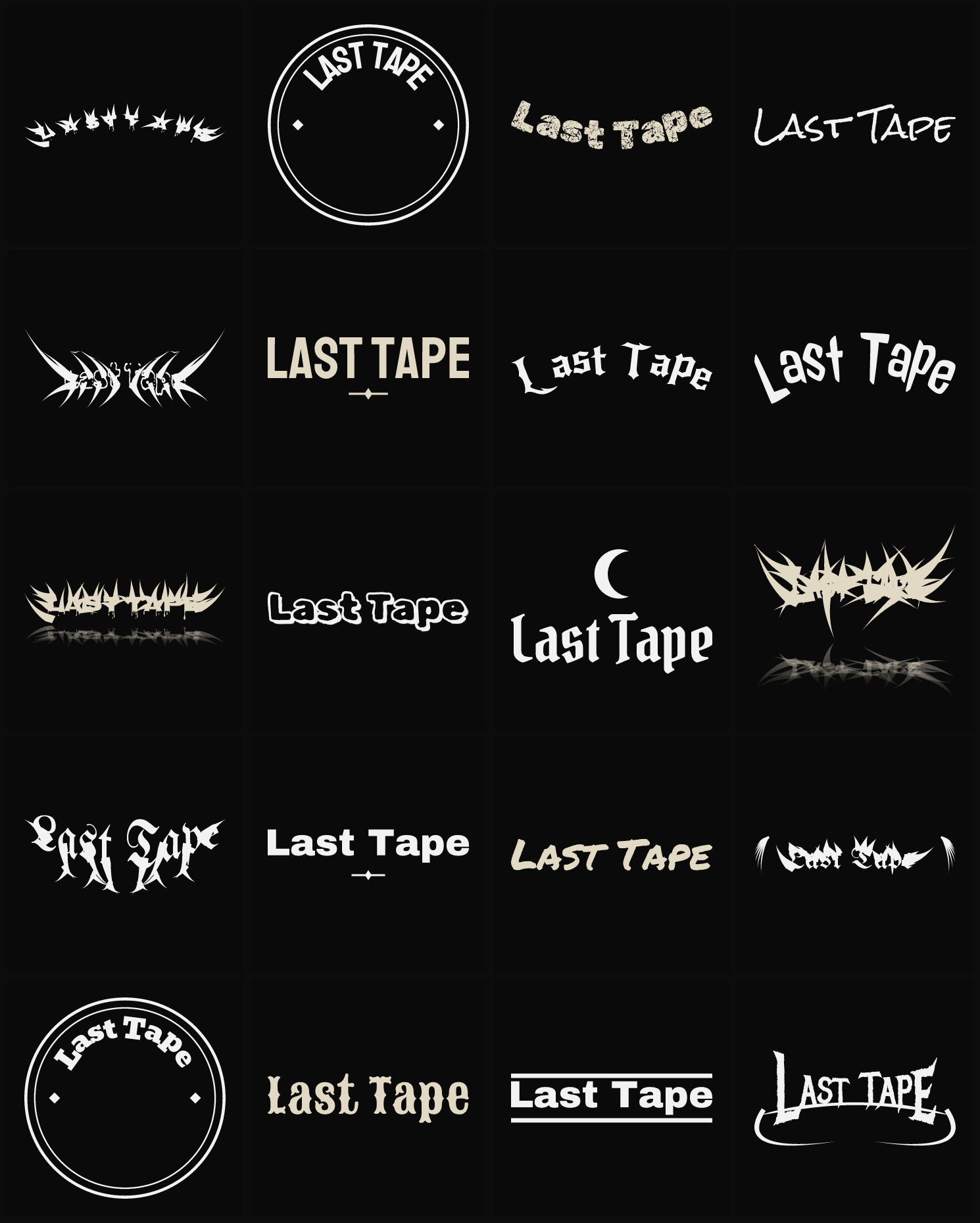 Twenty Last Tape band logo ideas — different faces, treatments and spike settings