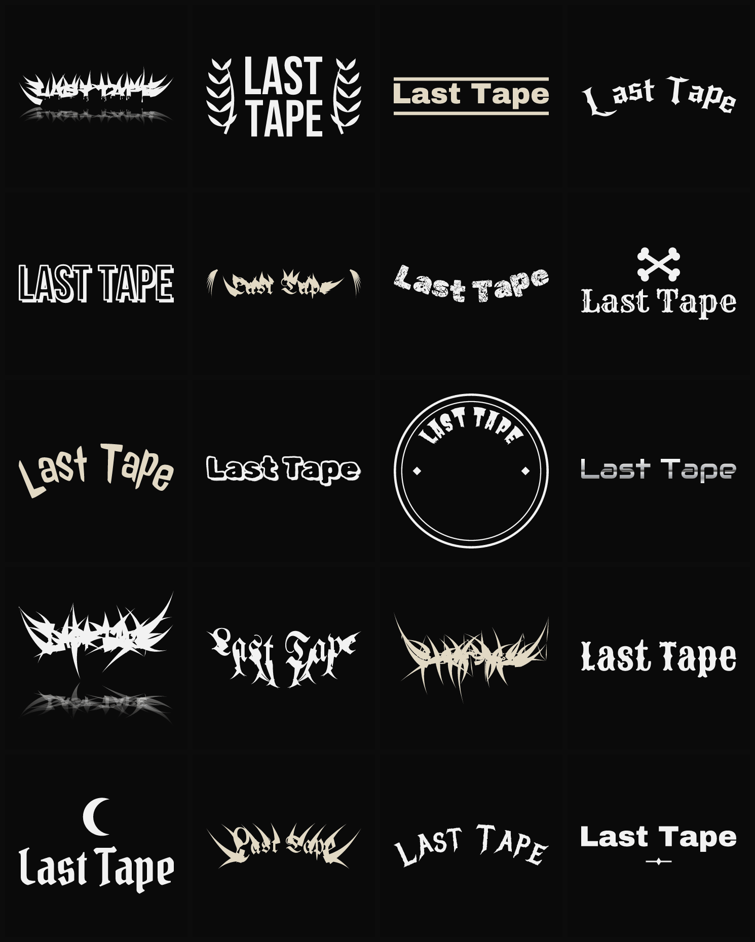 Twenty Last Tape band logo ideas — different faces, treatments and spike settings