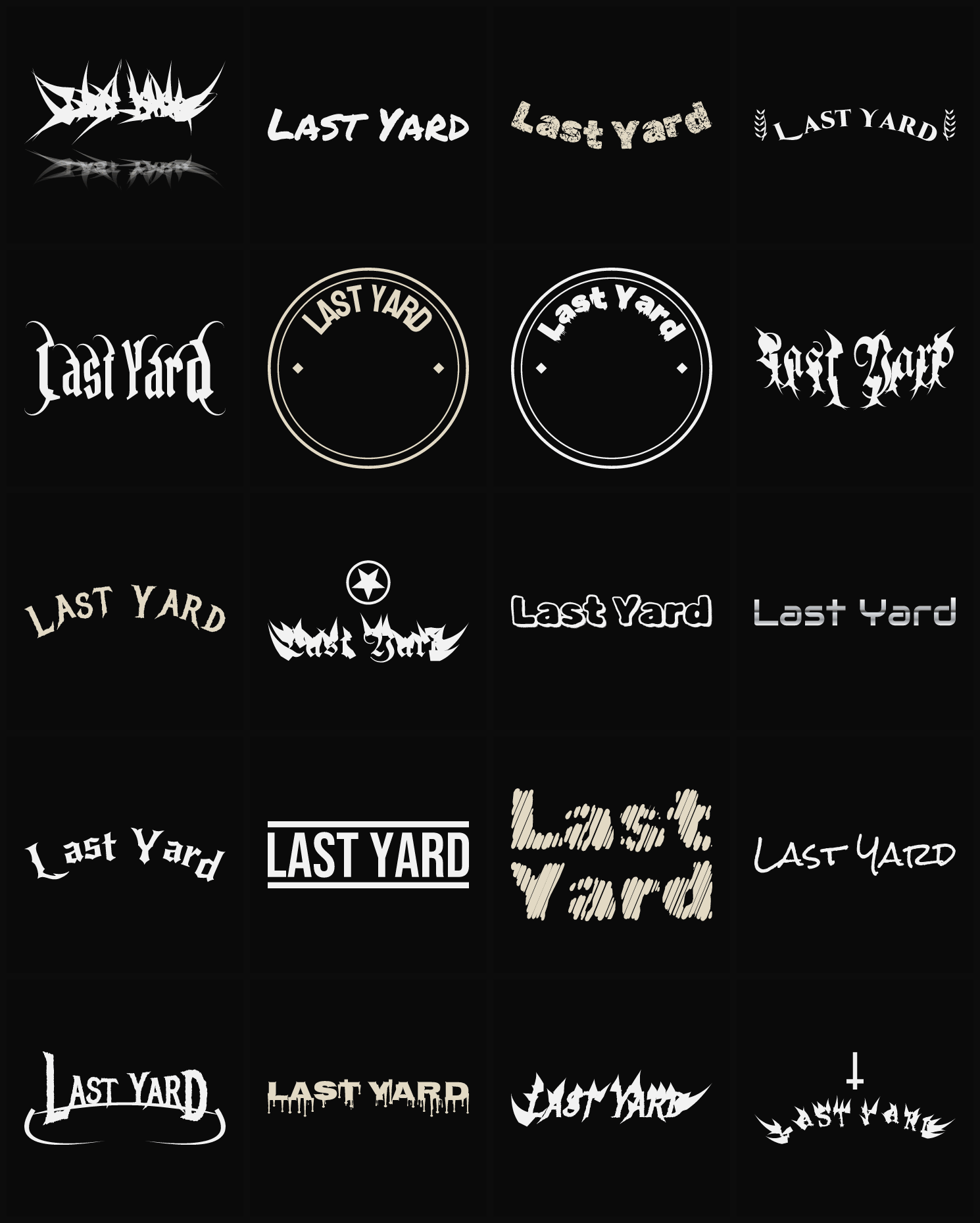 Twenty Last Yard band logo ideas — different faces, treatments and spike settings