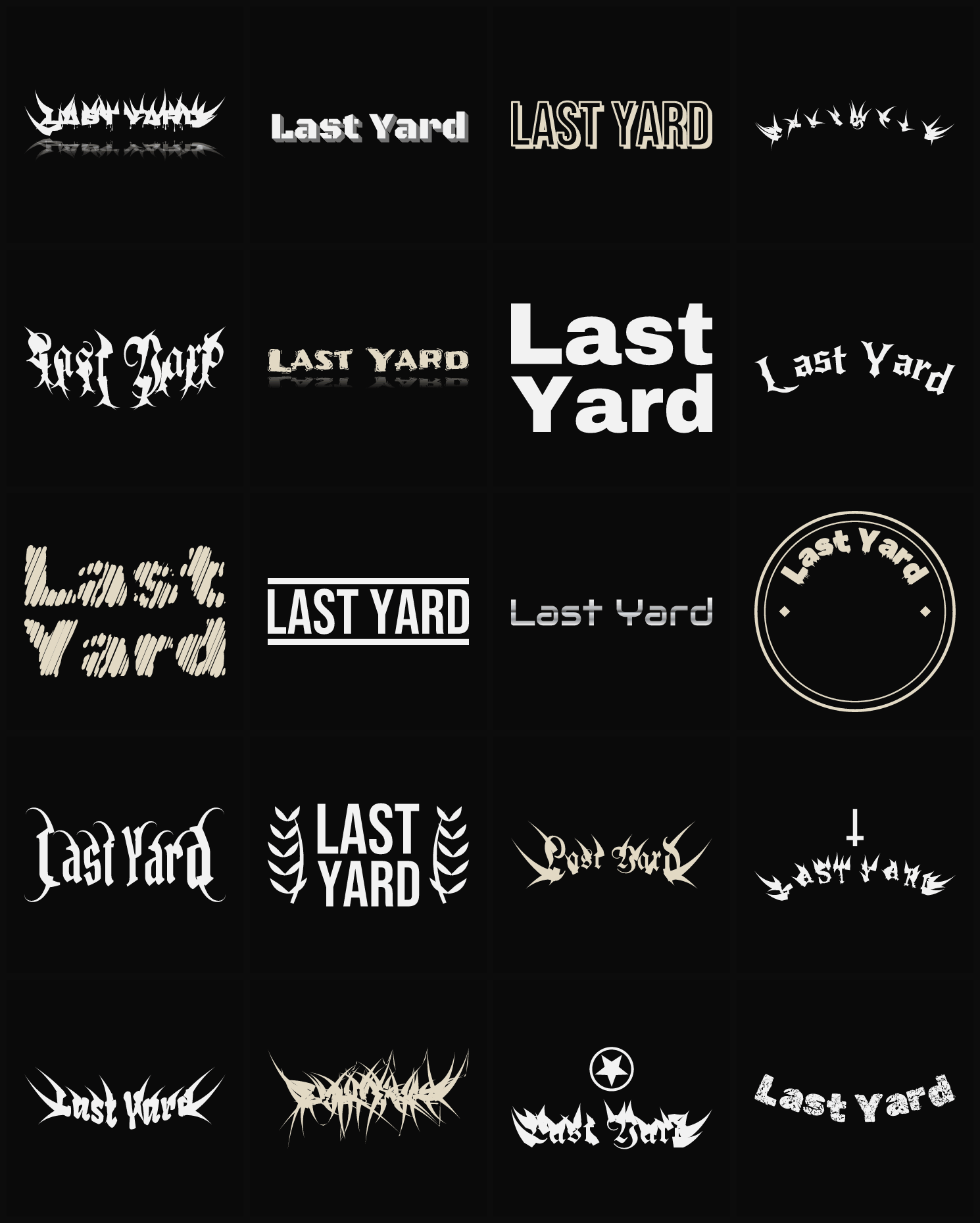 Twenty Last Yard band logo ideas — different faces, treatments and spike settings