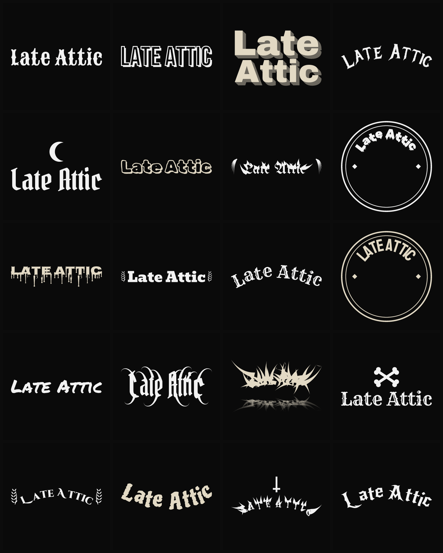 Twenty Late Attic band logo ideas — different faces, treatments and spike settings