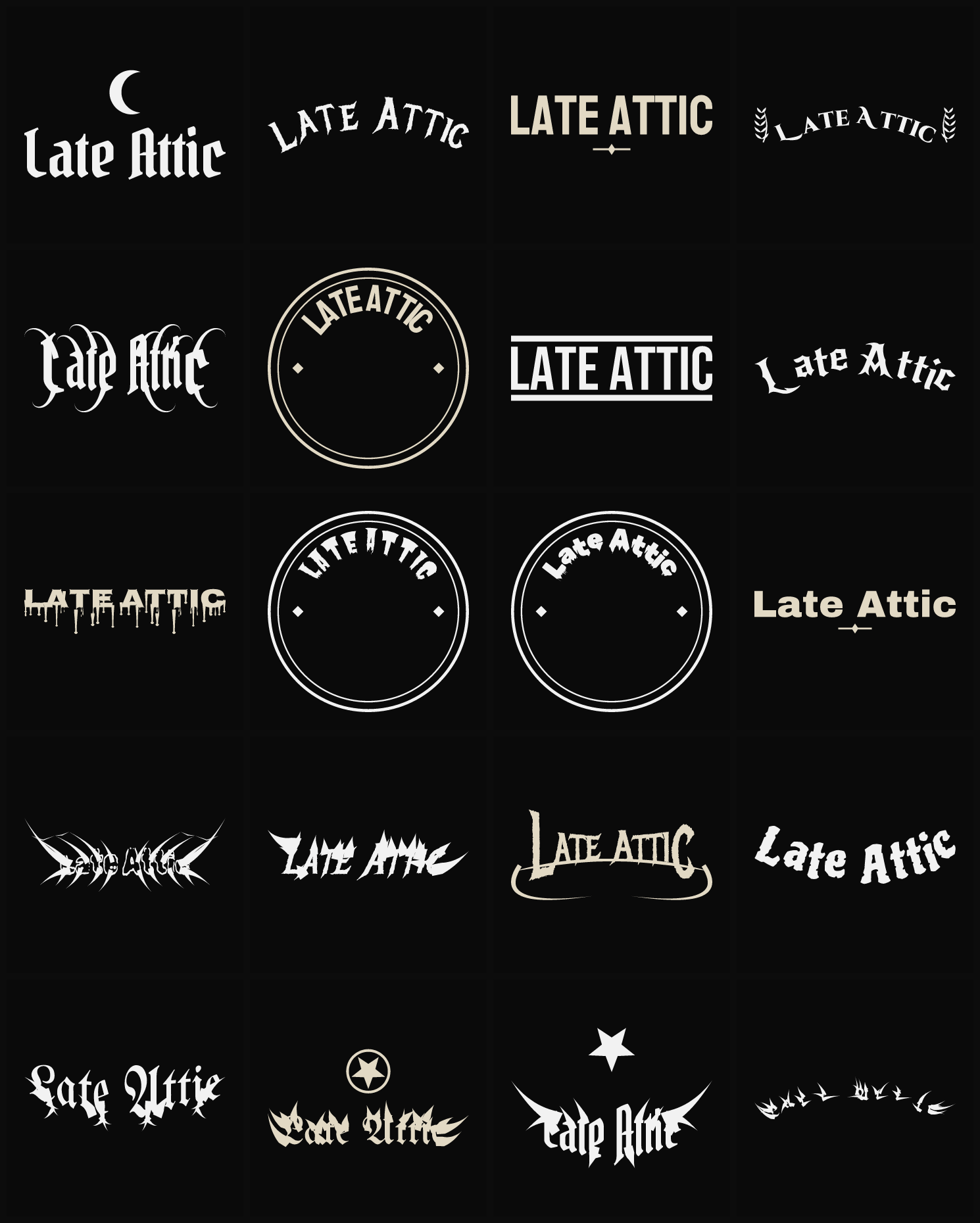 Twenty Late Attic band logo ideas — different faces, treatments and spike settings