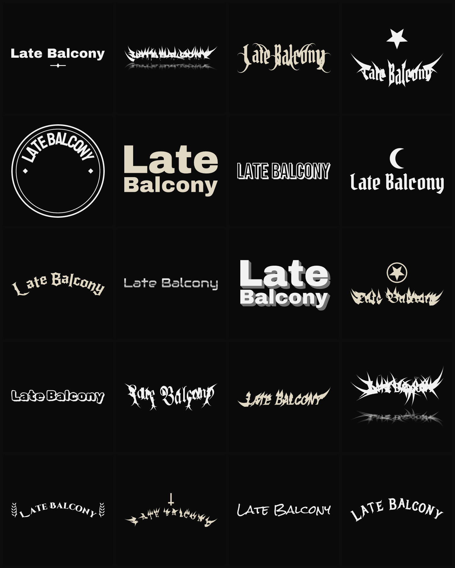 Twenty Late Balcony band logo ideas — different faces, treatments and spike settings