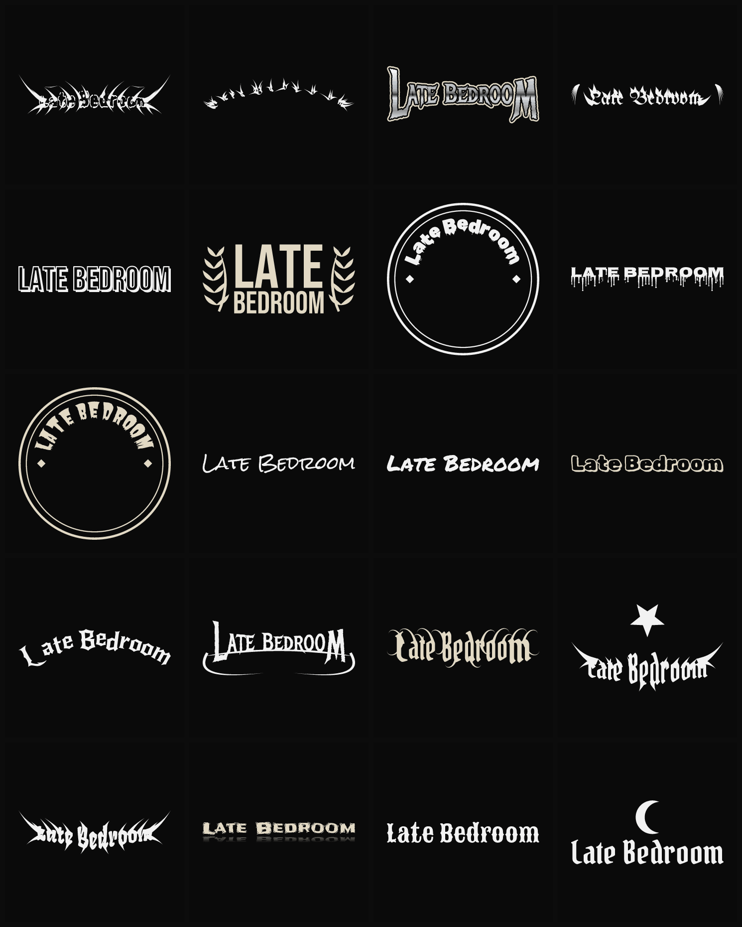 Twenty Late Bedroom band logo ideas — different faces, treatments and spike settings