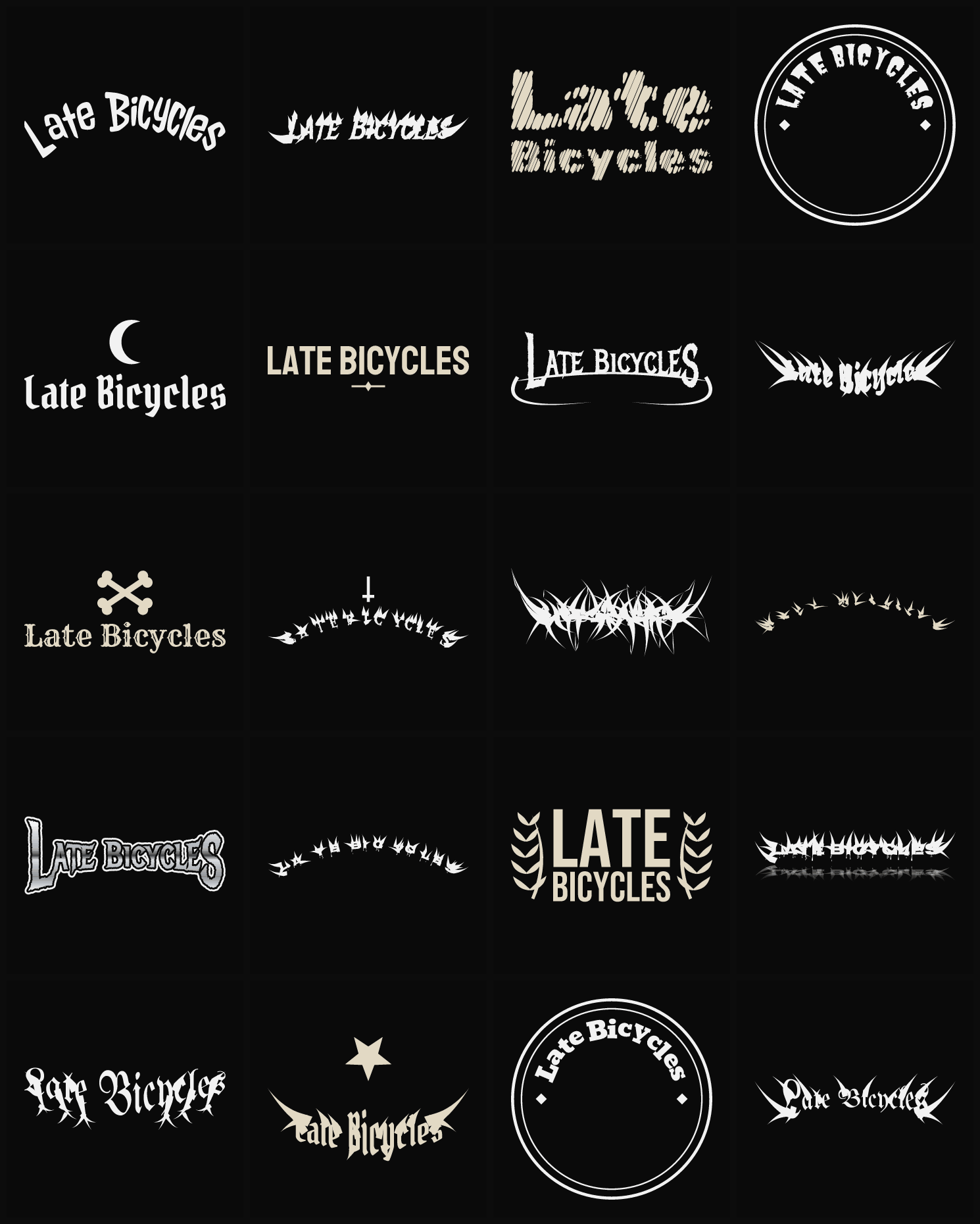 Twenty Late Bicycles band logo ideas — different faces, treatments and spike settings