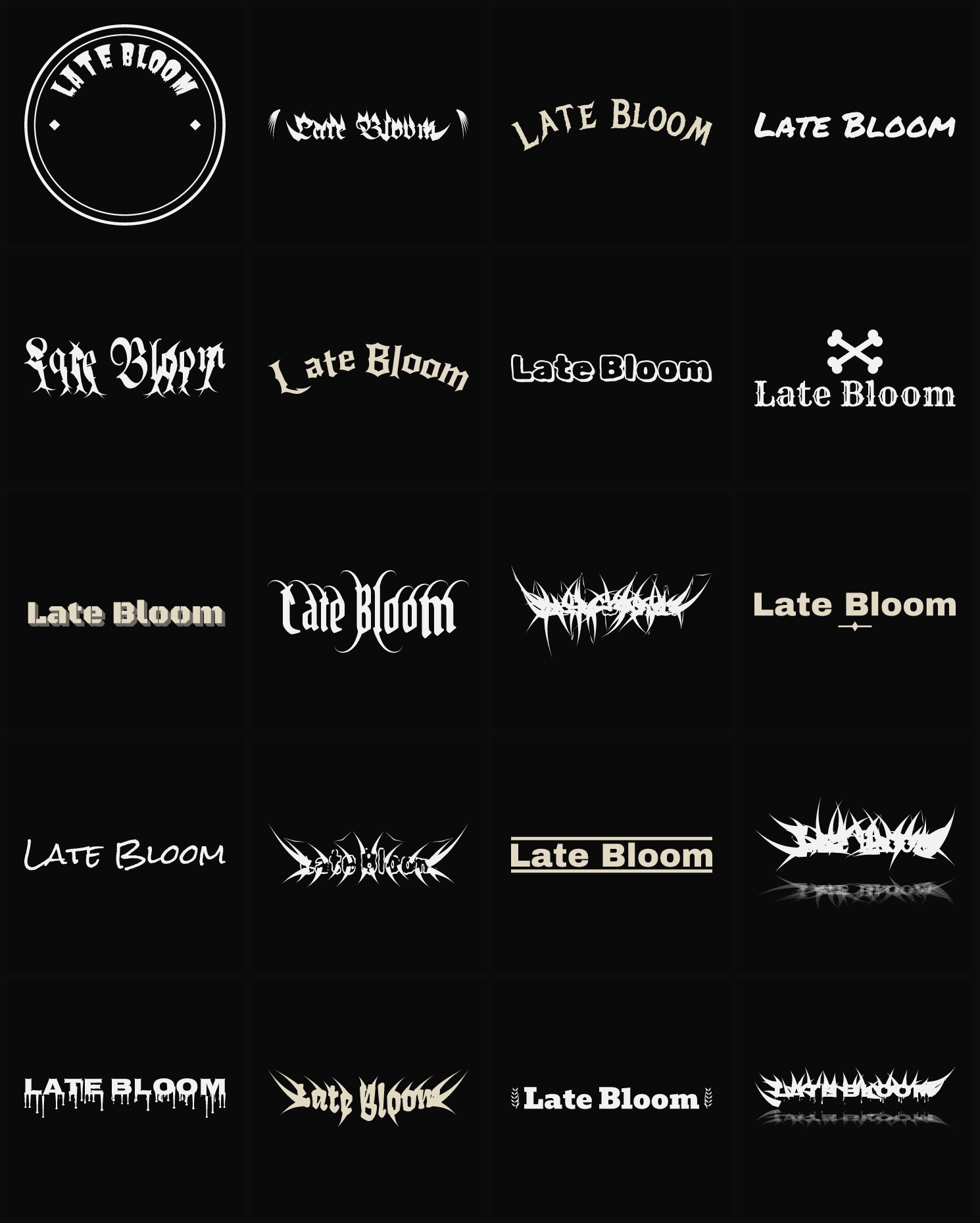 Twenty Late Bloom band logo ideas — different faces, treatments and spike settings