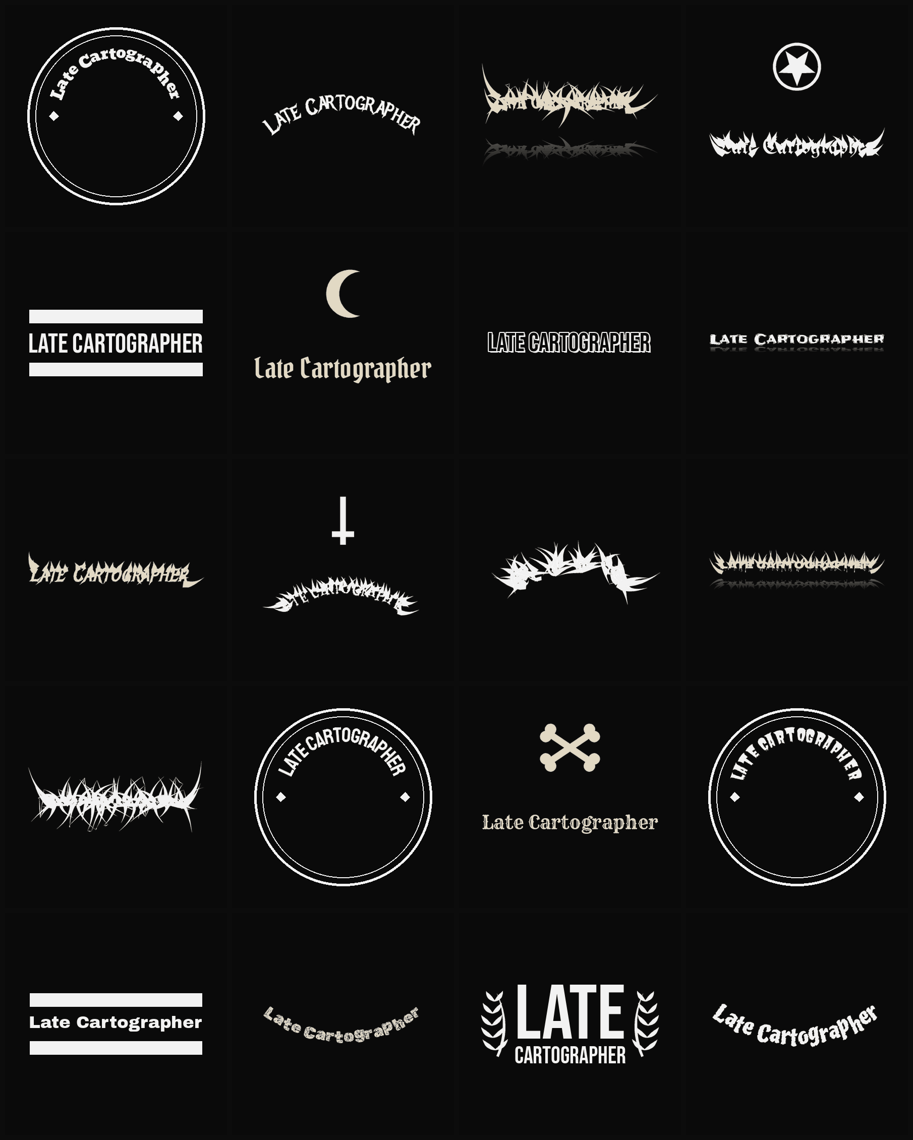 Twenty Late Cartographer band logo ideas — different faces, treatments and spike settings