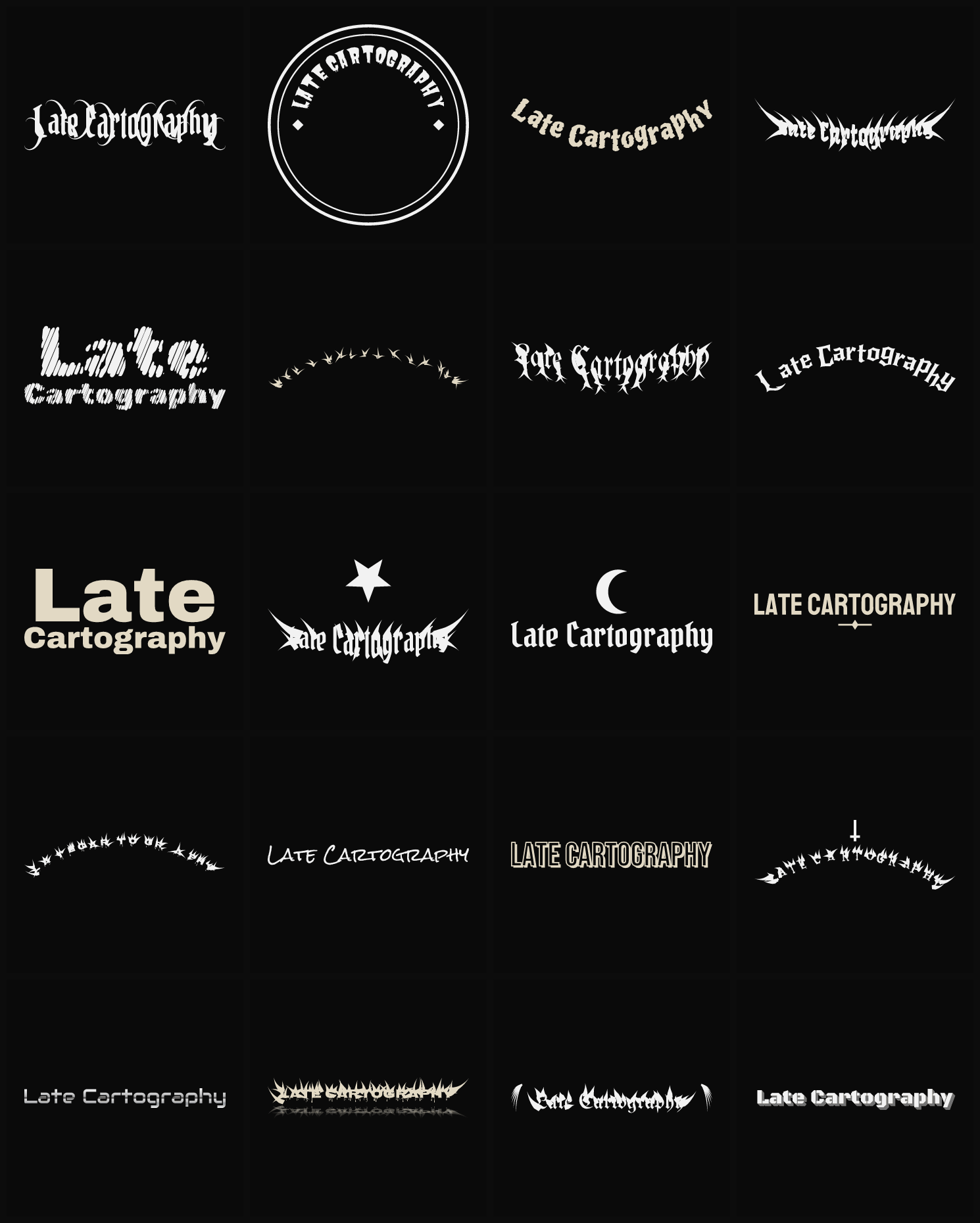 Twenty Late Cartography band logo ideas — different faces, treatments and spike settings