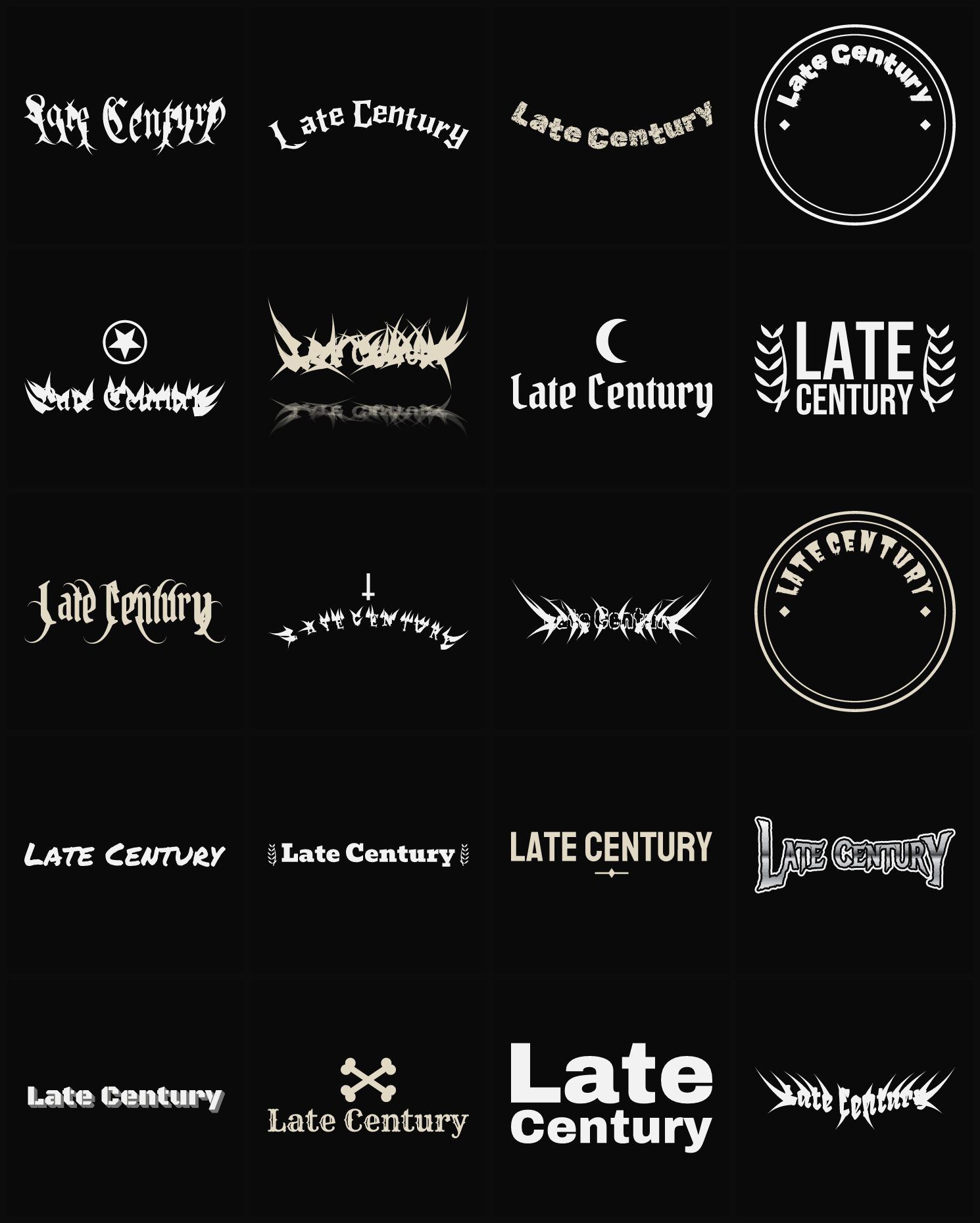 Twenty Late Century band logo ideas — different faces, treatments and spike settings