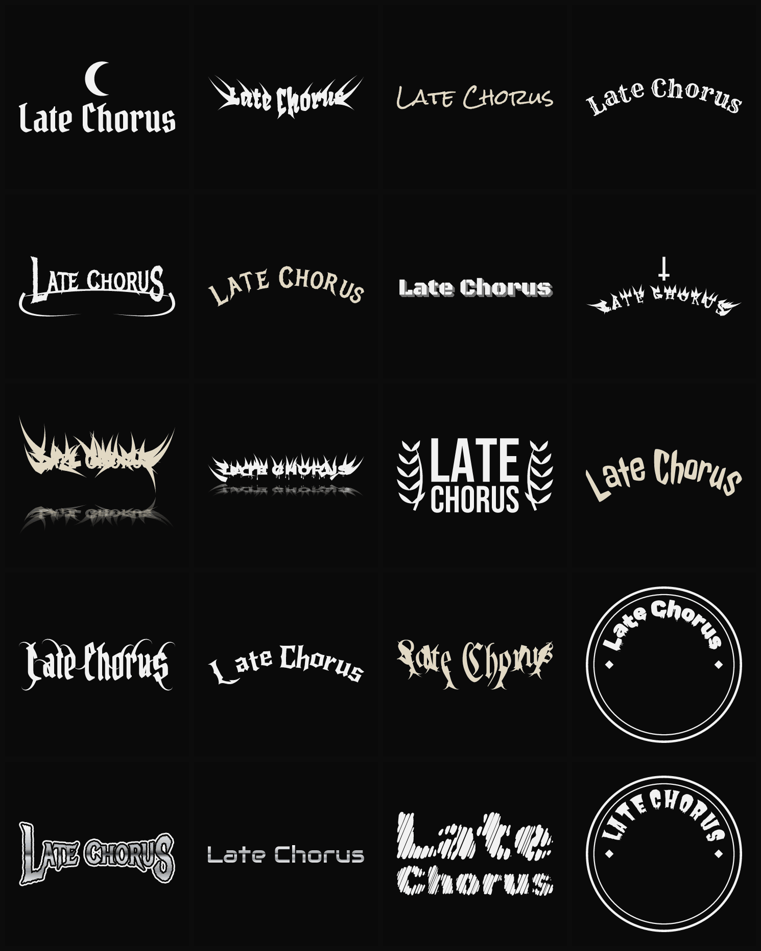 Twenty Late Chorus band logo ideas — different faces, treatments and spike settings